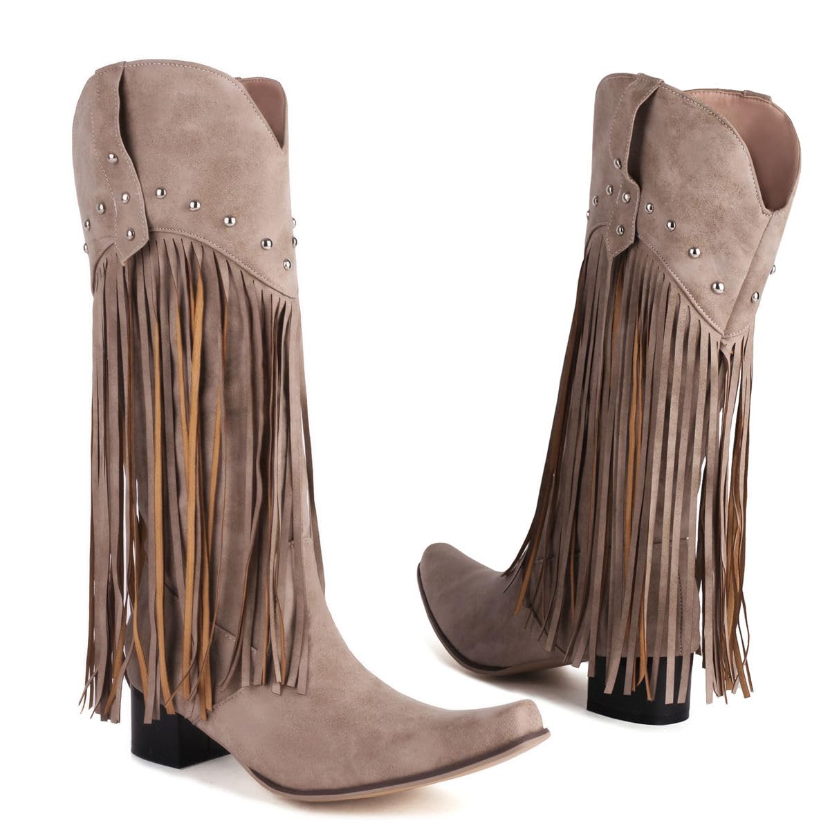 KISSASA Fringe Mid Calf Cowboy Boots for Women - Studded Western Cowgirl Boots with Snip Toe & Chunky Heel | Pull On Ankle Boots for Country Dancing, Rodeo & Fashion Outfits