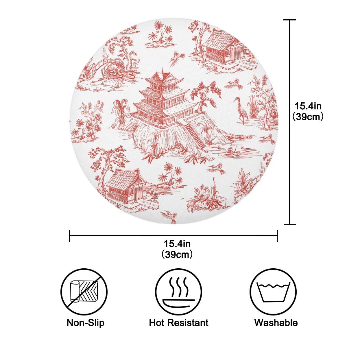 Chinoiserie Style Round Placemats Set of 4 - Non-Slip Heat Resistant Table Mats for Dining Decor, Perfect for Chinese New Year, Thanksgiving & Holiday Dinner Parties