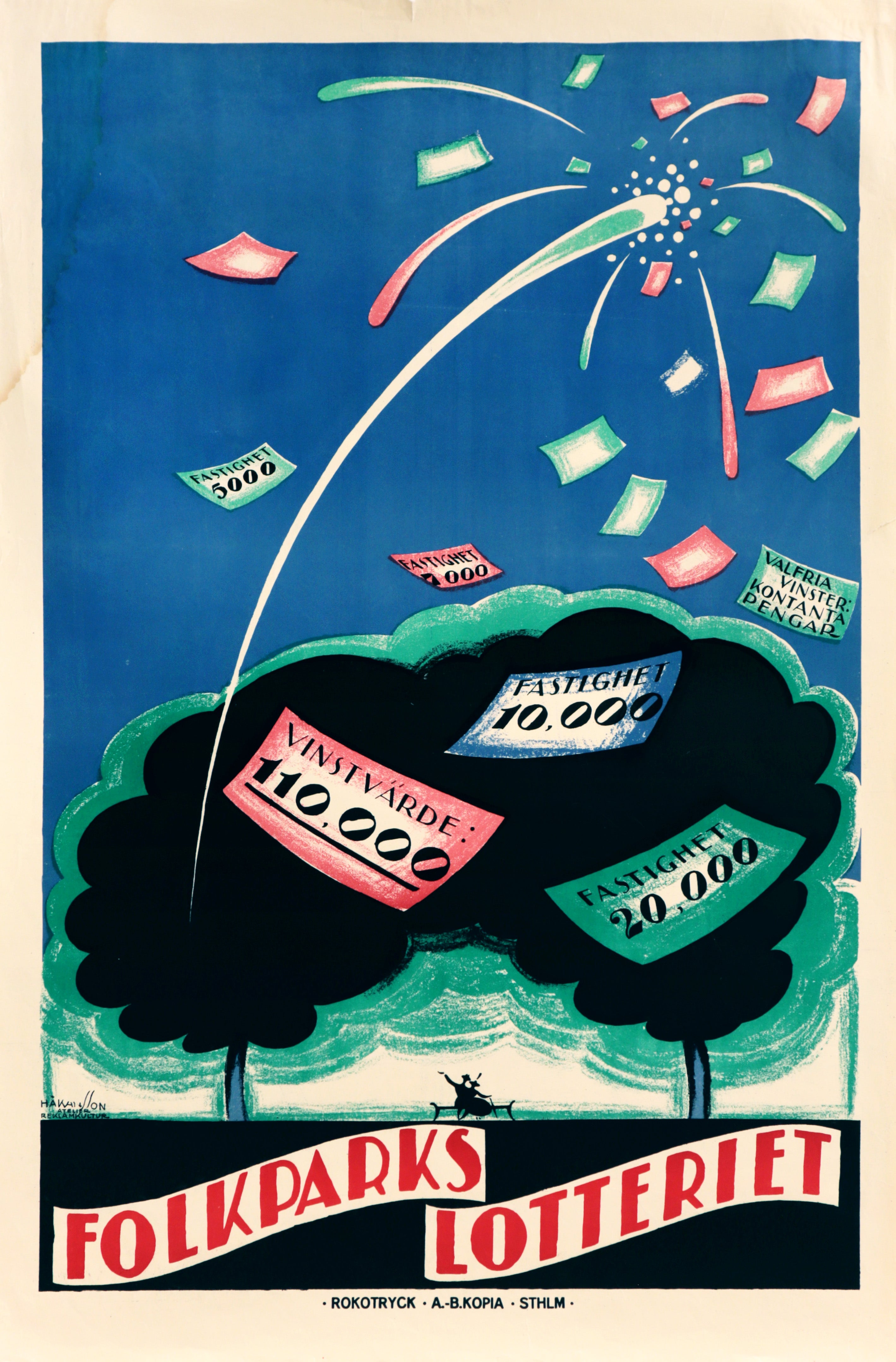 Vintage 1920s Swedish Art Deco Lottery Poster - Folkparks Lotteriet - Retro Scandinavian Wall Art for Home & Office Decor - Perfect for Living Room, Bedroom or Vintage Themed Spaces