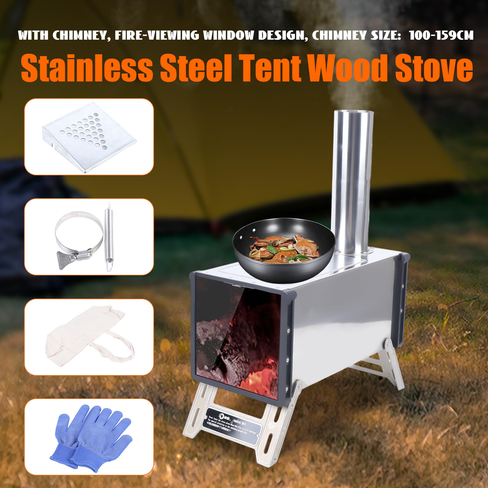 Portable Stainless Steel Wood Burning Camping Stove with Chimney Pipe - Compact Outdoor Tent Stove for Camping, Hiking, Backpacking & Fishing | Perfect for Outdoor Cooking, Picnics & Emergency Survival