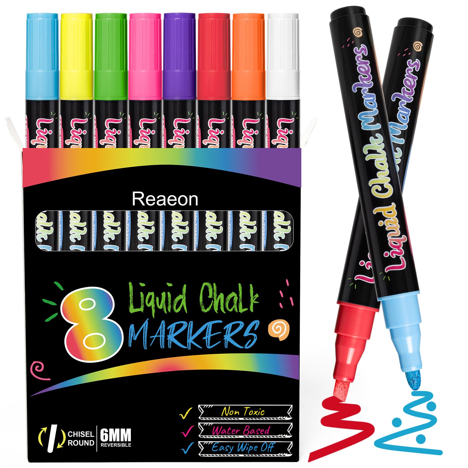 Vibrant Liquid Chalk Markers - 8 Pack Non-Toxic Water-Based Chalkboard Pens with 6mm Reversible Tip for Blackboard, Window, Glass & Mirror - Perfect for Restaurants, Classrooms, Retail Signs & DIY Home Decor