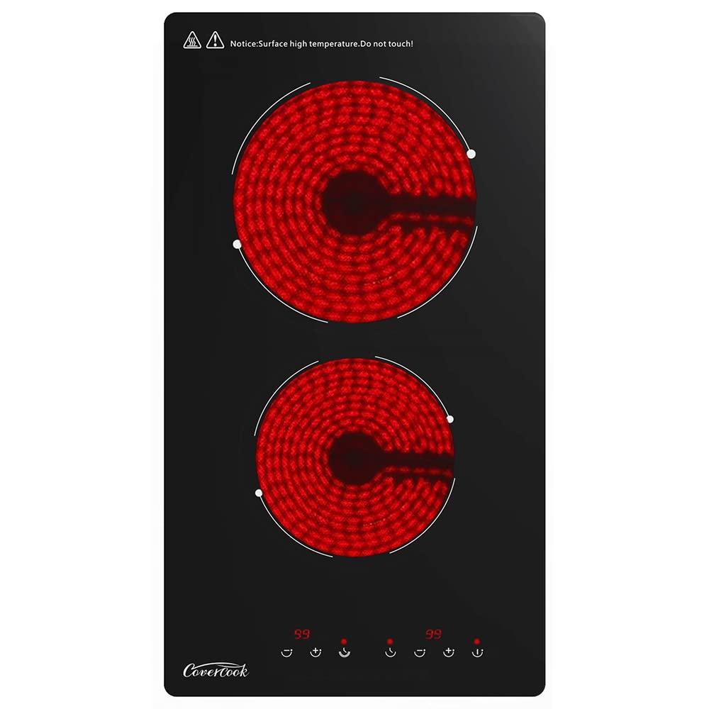 12 Inch Electric Ceramic Cooktop - 2 Burner Induction Cooktop with Black Glass Surface, 220-240V 3000W for Fast Heating | Perfect for Small Kitchens, Apartments, Dorms & Outdoor Cooking