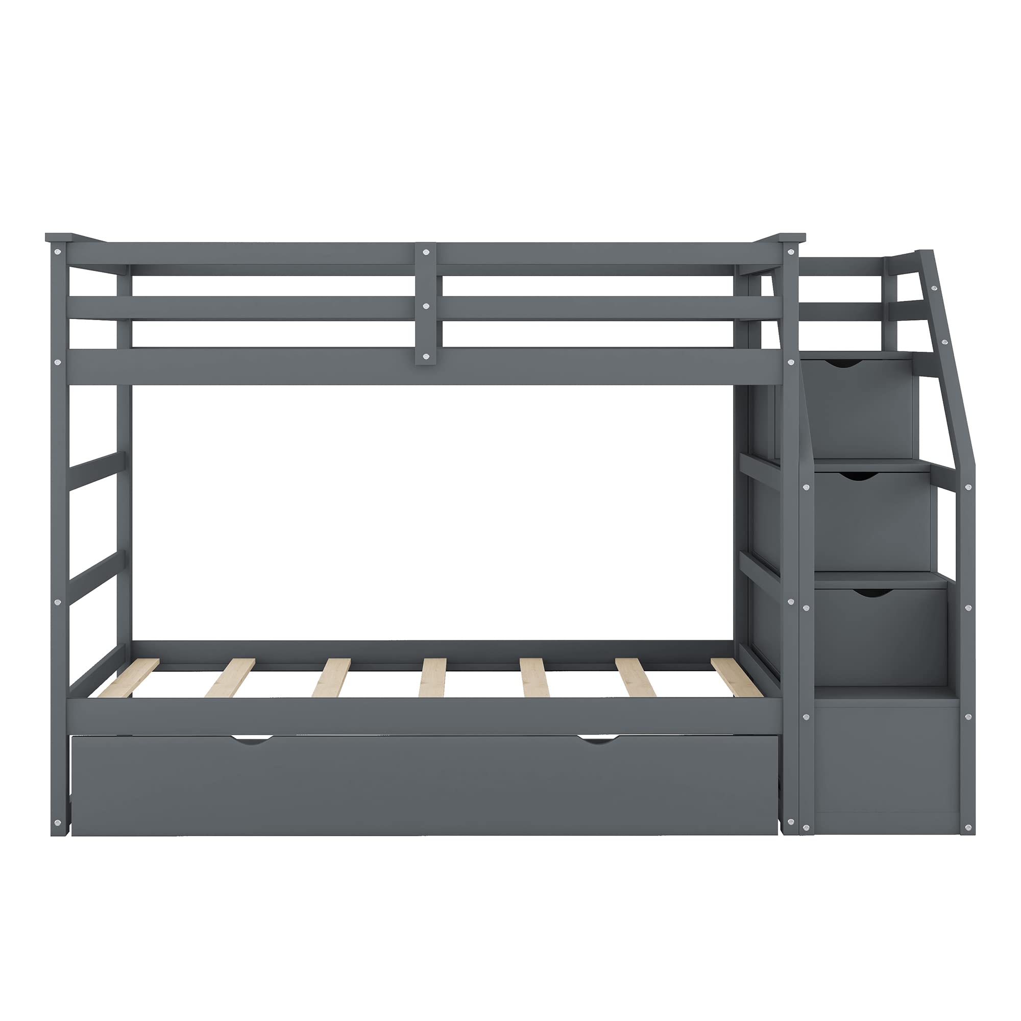 Harper & Bright Designs Twin Over Twin Bunk Bed with Trundle and Stairs - Solid Wood Bunk Bed for Kids, Teens & Adults - High Safety Guardrail - Space Saving Grey Bunk Bed for Small Rooms, Guest Rooms & Vacation Homes