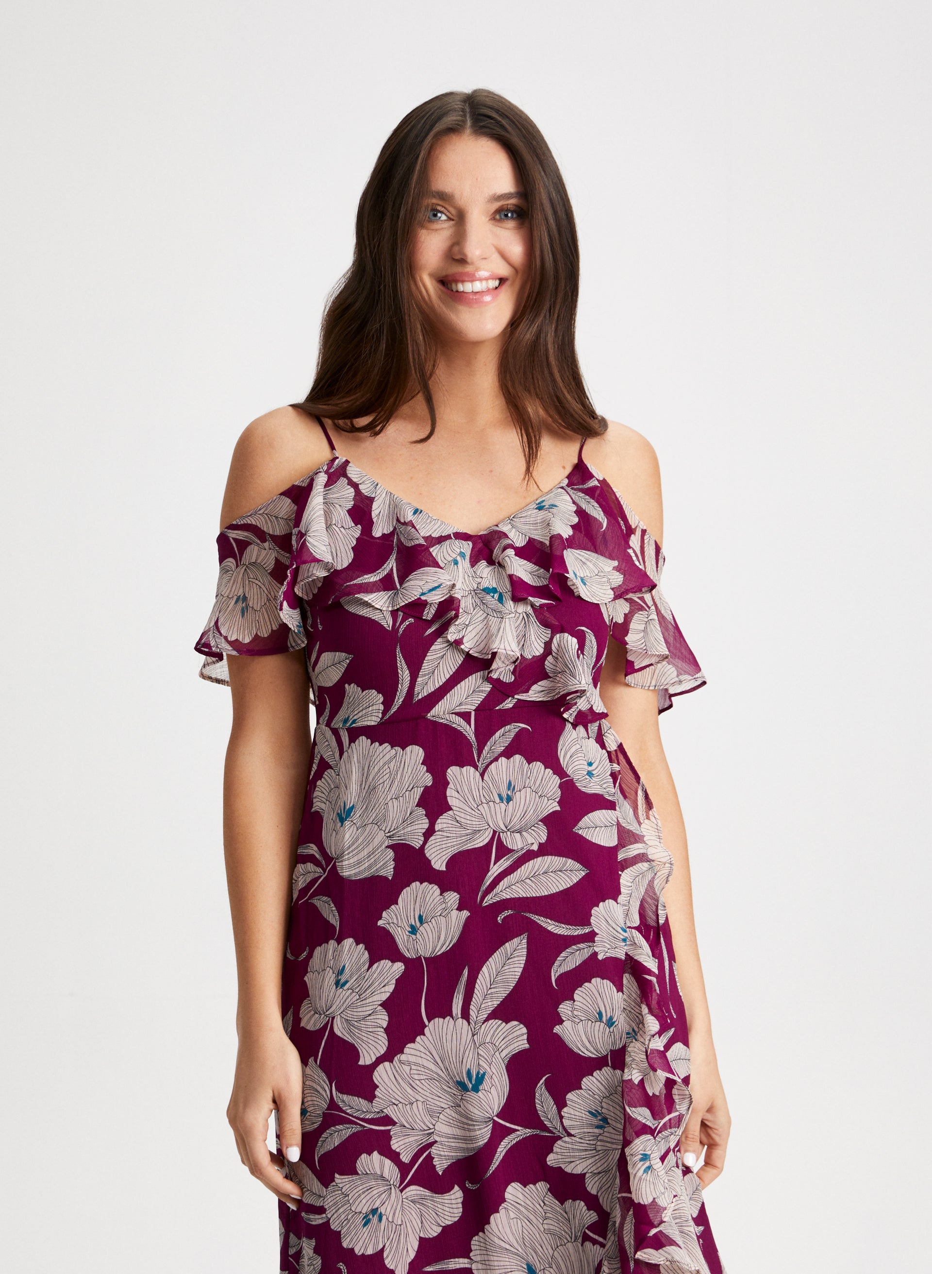 Floral Print Ruffle Dress for Women - Summer Boho Maxi Dress with V-Neck & Long Sleeves - Perfect for Beach Vacations, Weddings & Date Nights