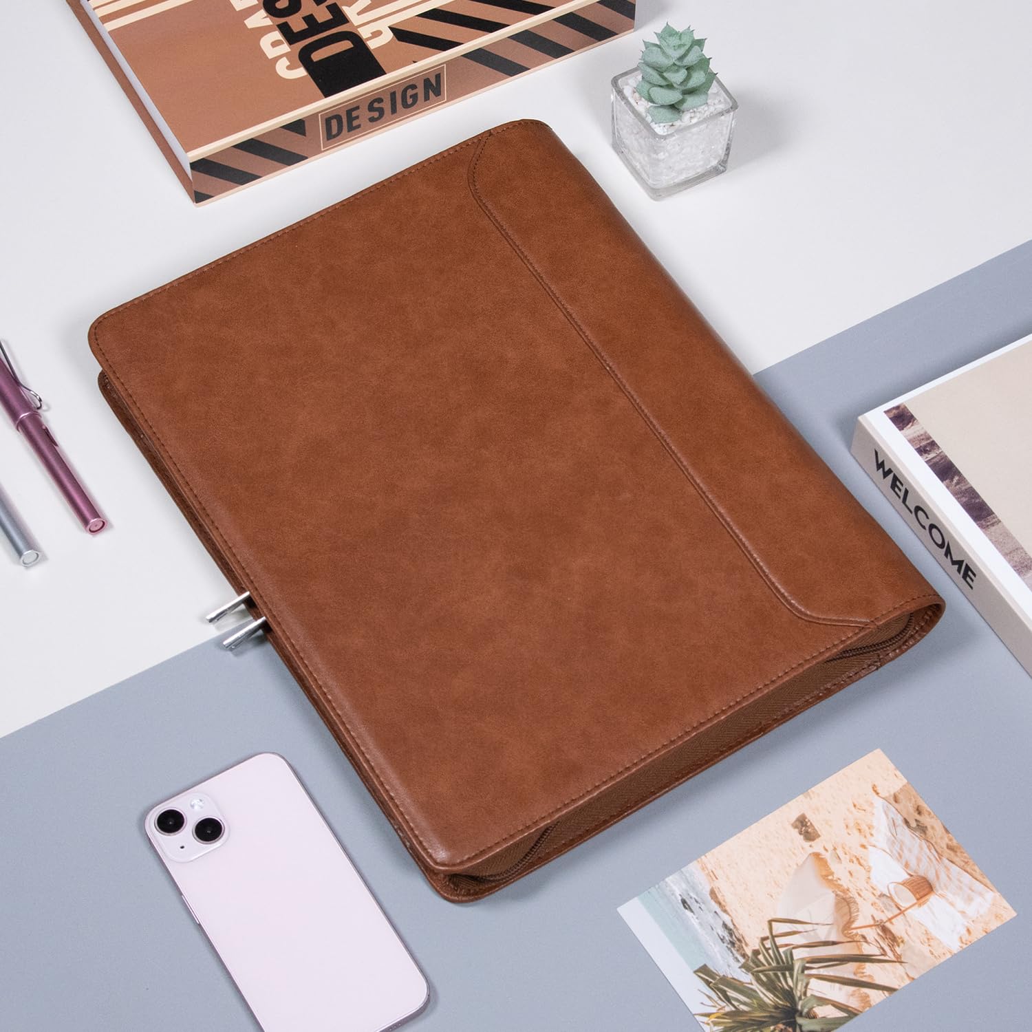 AZXCG Vegan Leather Padfolio for Women & Men - 3 Ring Binder Business Portfolio with Zipper & A4 Clipboard - Professional Document Organizer Notebook for Office, Meetings & Gifts (Brown)