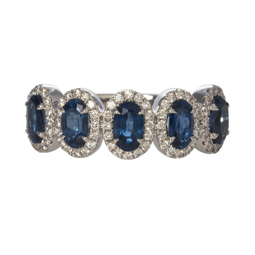 14K White Gold Five Stone Oval Sapphire & Diamond Halo Ring for Women - Elegant Engagement, Wedding, Anniversary Gift for Her
