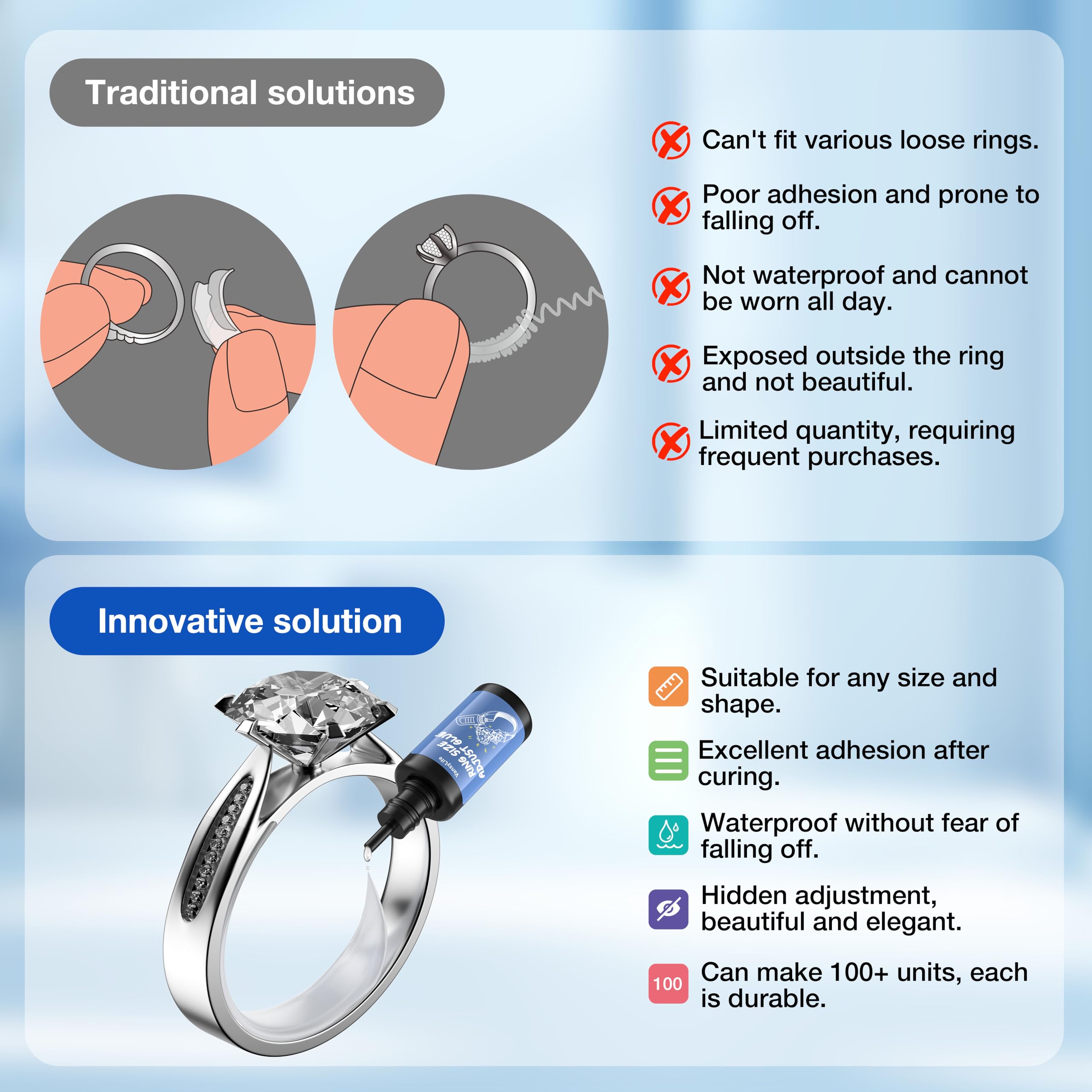 Invisible Ring Size Adjuster for Loose Rings - UV Light Ring Adjuster Glue for Women & Men | Easy Application & Removal | Perfect for Engagement Rings, Wedding Bands & Fashion Jewelry | Comfortable Fit Solution for Oversized Rings