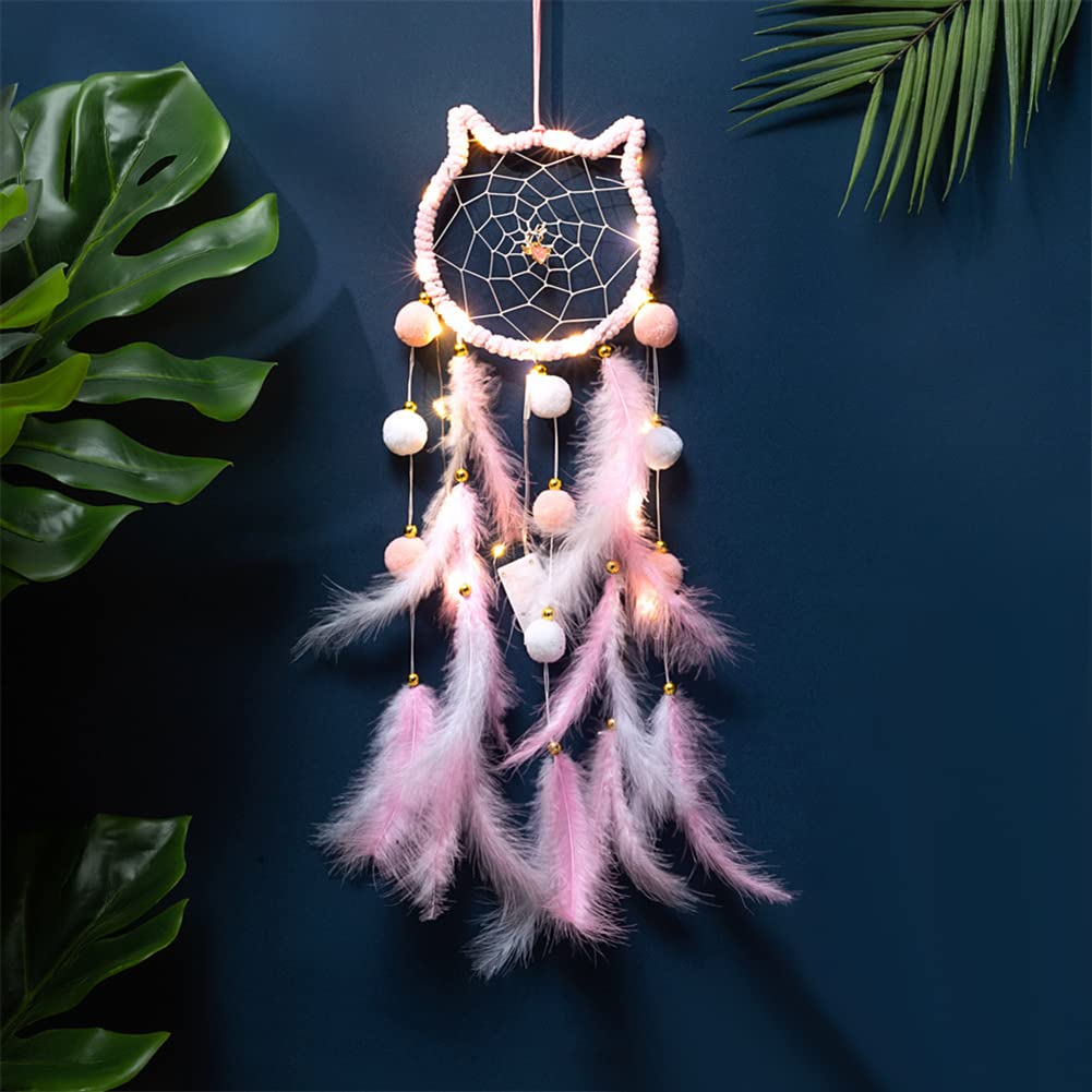 LED Light Up Feather Dream Catcher - Cat Shaped Night Light with Fairy Lights for Bedroom Decor, Kids Room, Nursery, Boho Home Ornament - Perfect Gift for Girls, Boys, Teens & Adults (Use as Wall Decor, Night Light or Spiritual Gift)