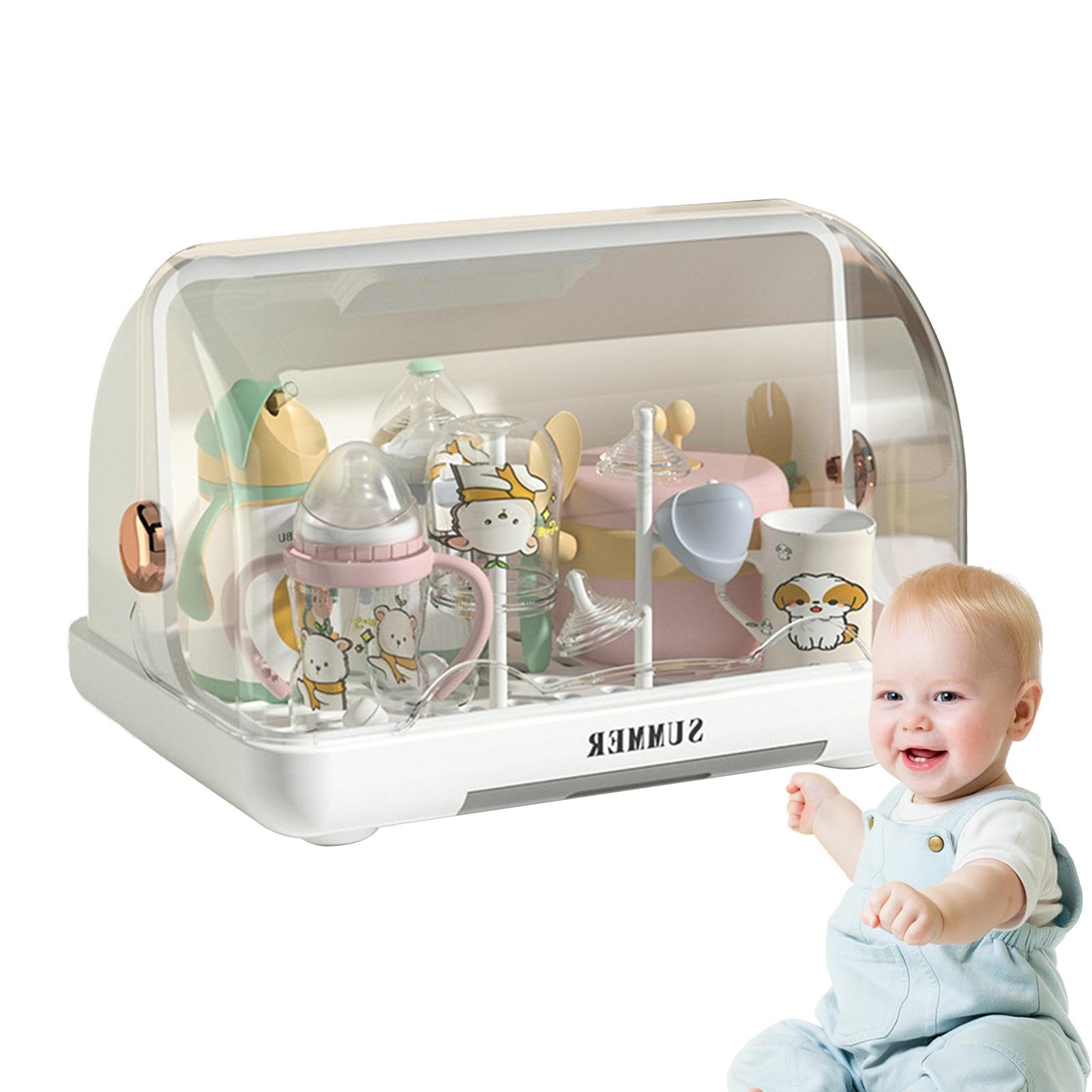 Dustproof Baby Bottle Drying Rack with Lid & Removable Drain Tray - Portable Baby Bottle Organizer Storage Case for Kitchen Cabinet - Perfect for Nursery, Travel & Breast Pump Parts Drying