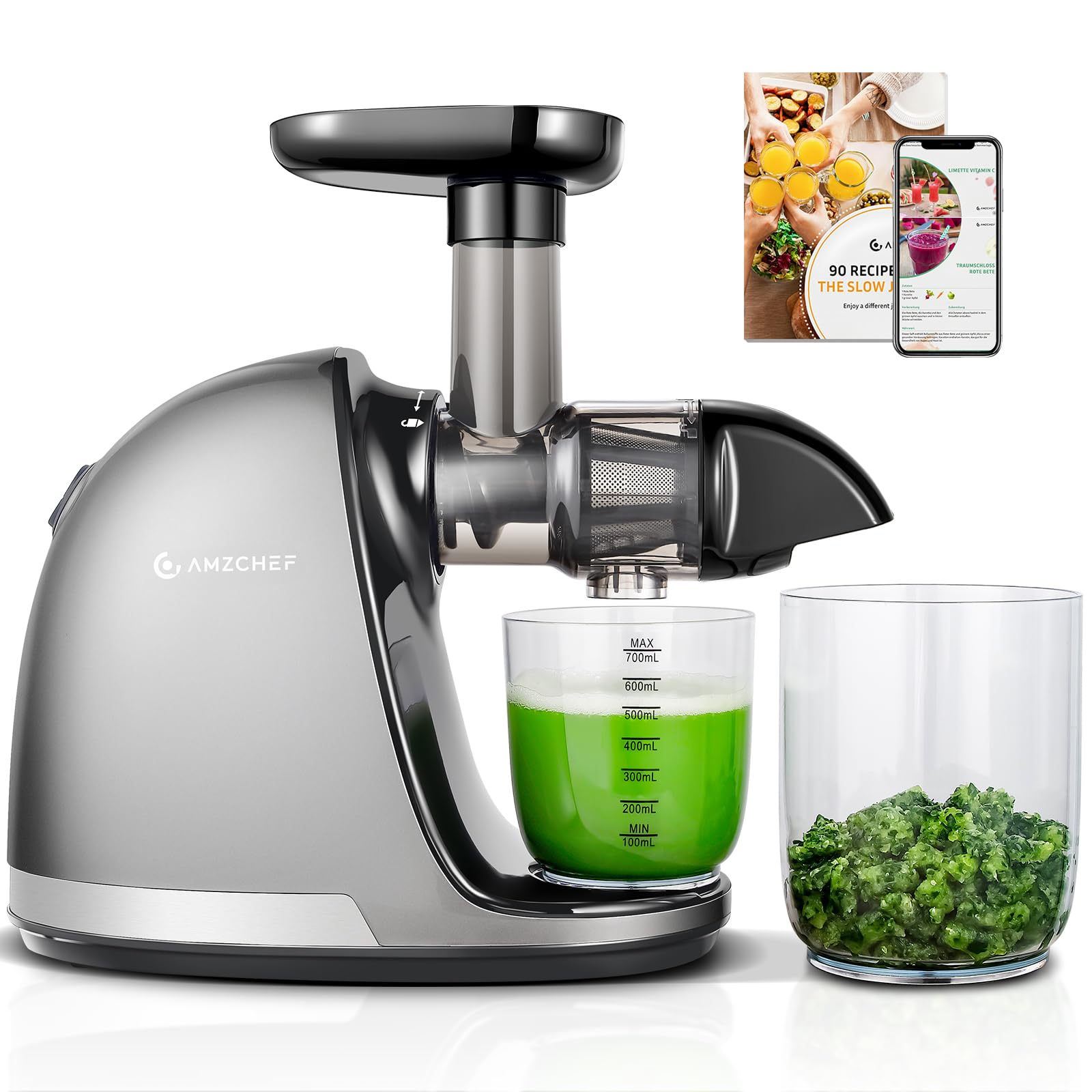 AMZCHEF Slow Masticating Juicer - Cold Press Whole Fruit & Vegetable Extractor with High Juice Yield, BPA-Free, Includes 2 Cups & Recipe Book (Grey) - Perfect for Healthy Juicing at Home, Office or Gym