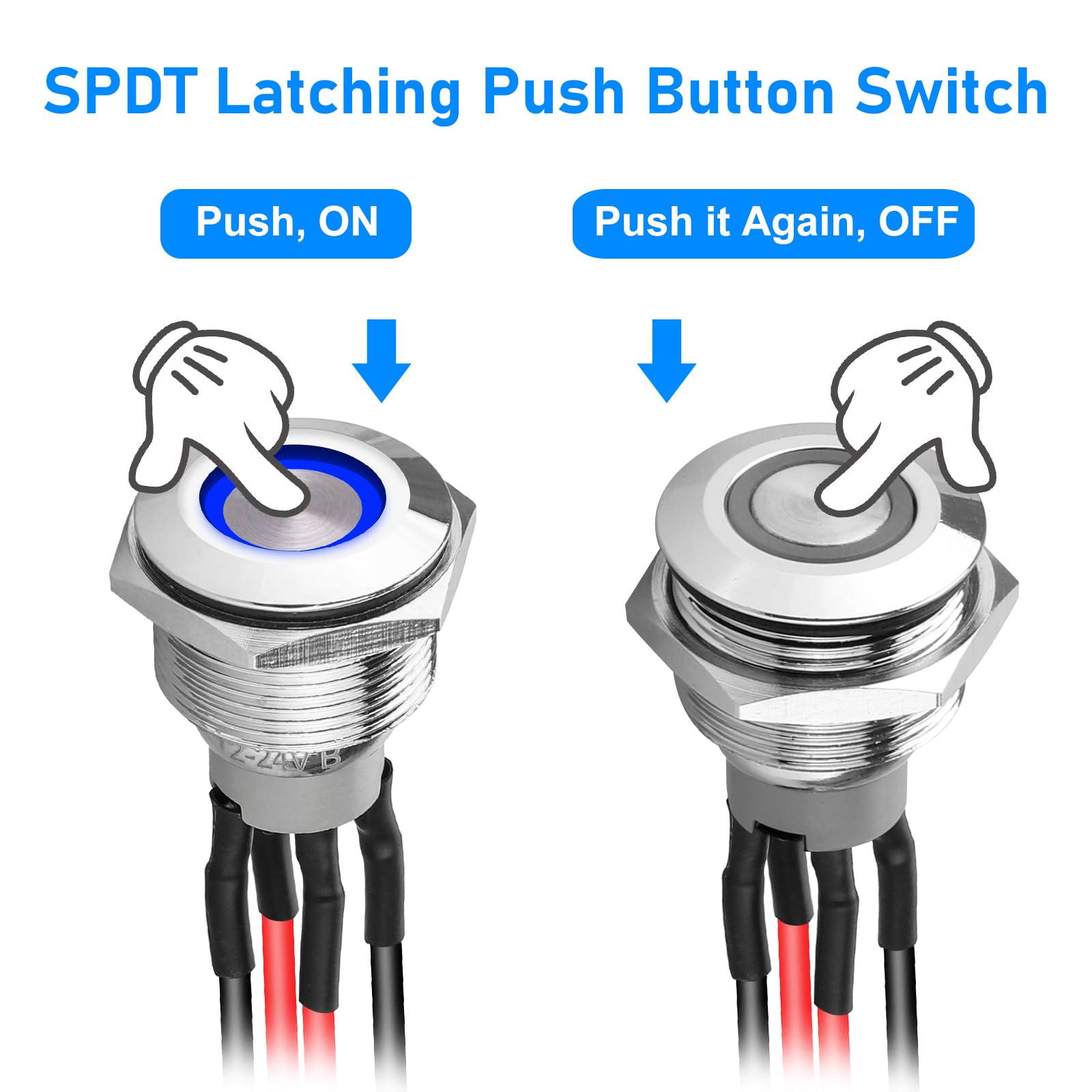 Linkstyle 19mm Latching Push Button Switch - 12V Metal Self-Locking SPST ON-Off Switch with Wiring Harness & Blue LED Light (5Pcs) - Perfect for Boats, Cars, Marine, RV & Industrial Control Panels