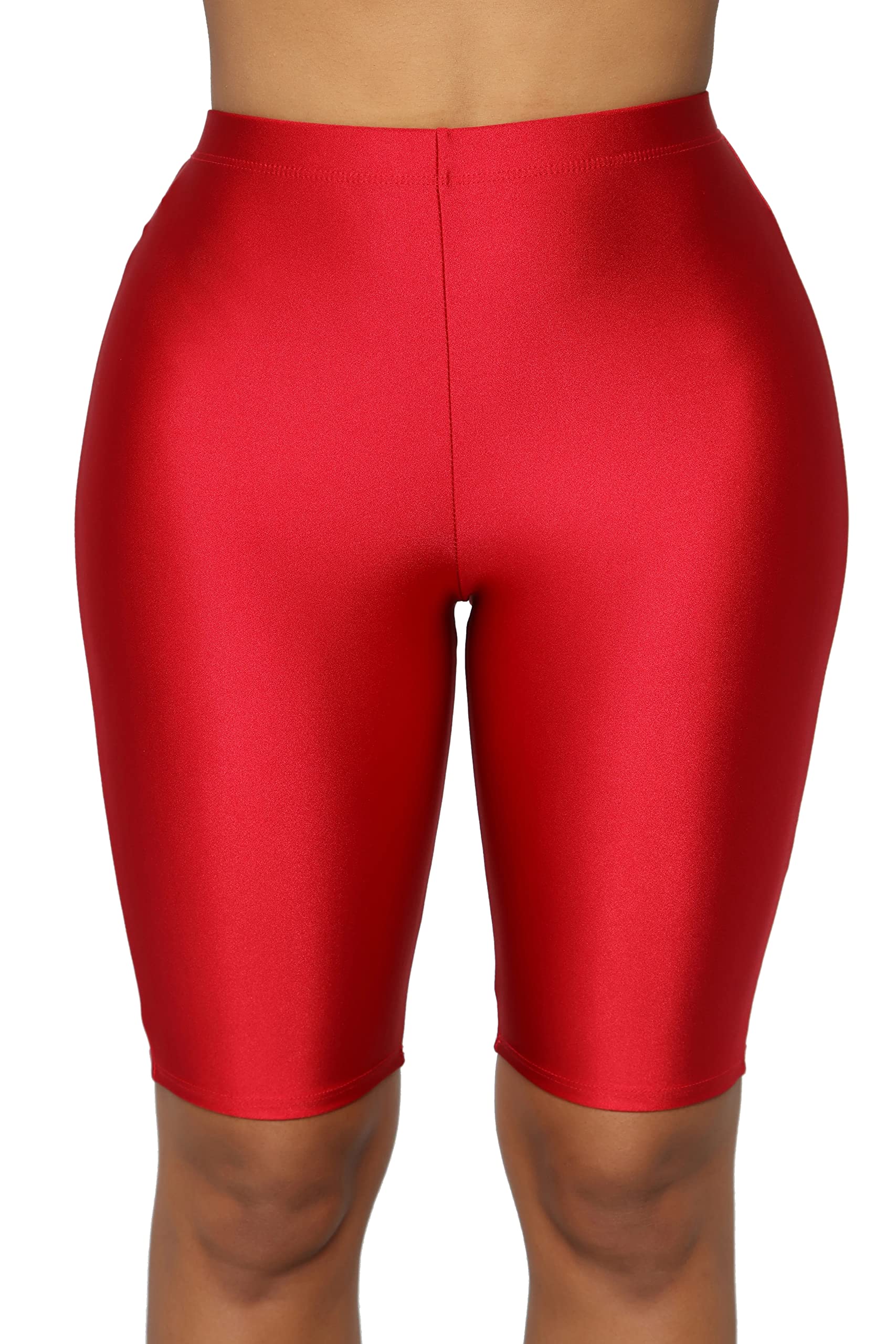 SUNFEXOY Women's High Waist Shiny Neon Biker Shorts - Yoga Running Workout Activewear Knee Length Shorts for Gym, Fitness & Casual Wear