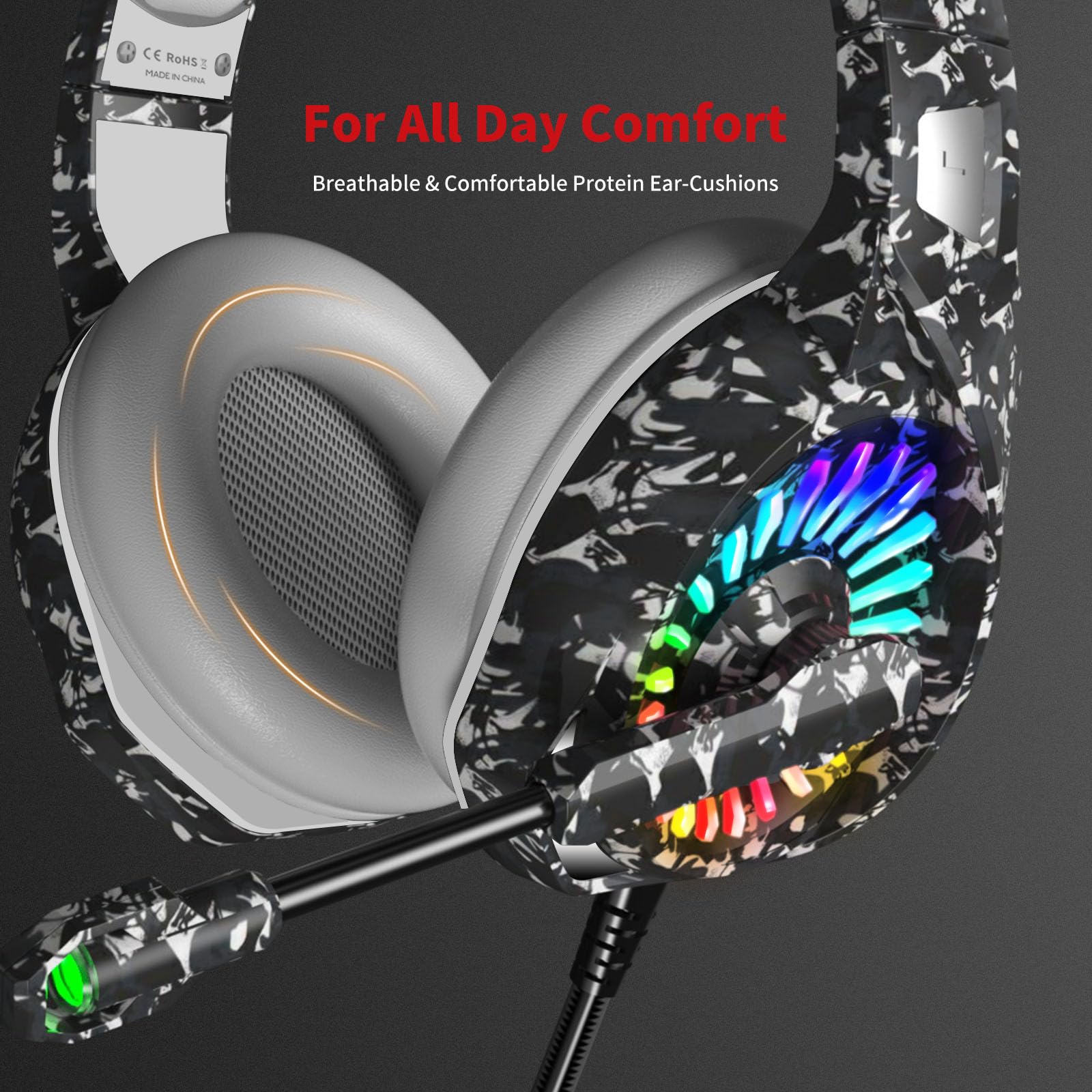 ZIUMIER Camo Gaming Headset with Microphone - Wired 3.5mm Headphones for PS4, PS5, Xbox One, PC, Laptop, Mac & Switch | Bass Surround Sound, LED Lights & Camouflage Design | Perfect for FPS Games, Streaming & Online Chatting