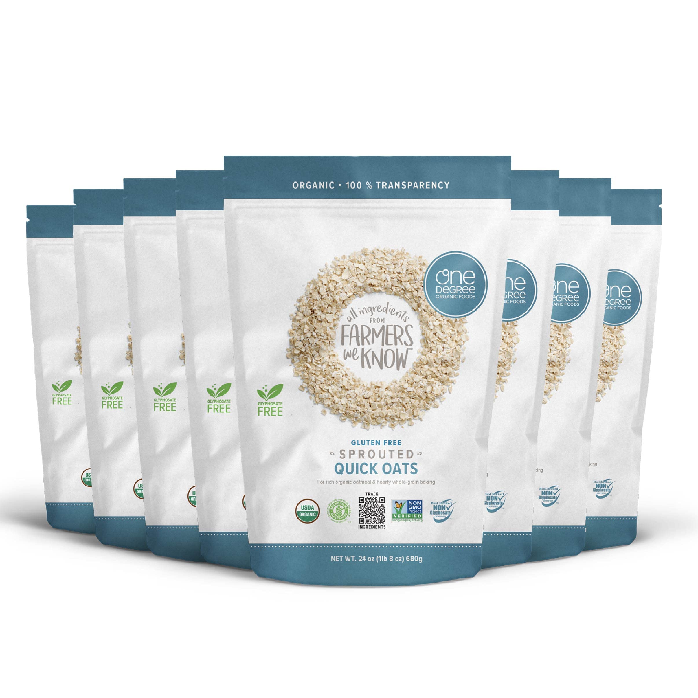 One Degree Organic Foods Sprouted Quick Oats - USDA Organic, Non-GMO, Gluten Free Oatmeal (24 oz, 8 Pack) | Healthy Breakfast & Baking Ingredient for Smoothies, Cookies & Overnight Oats