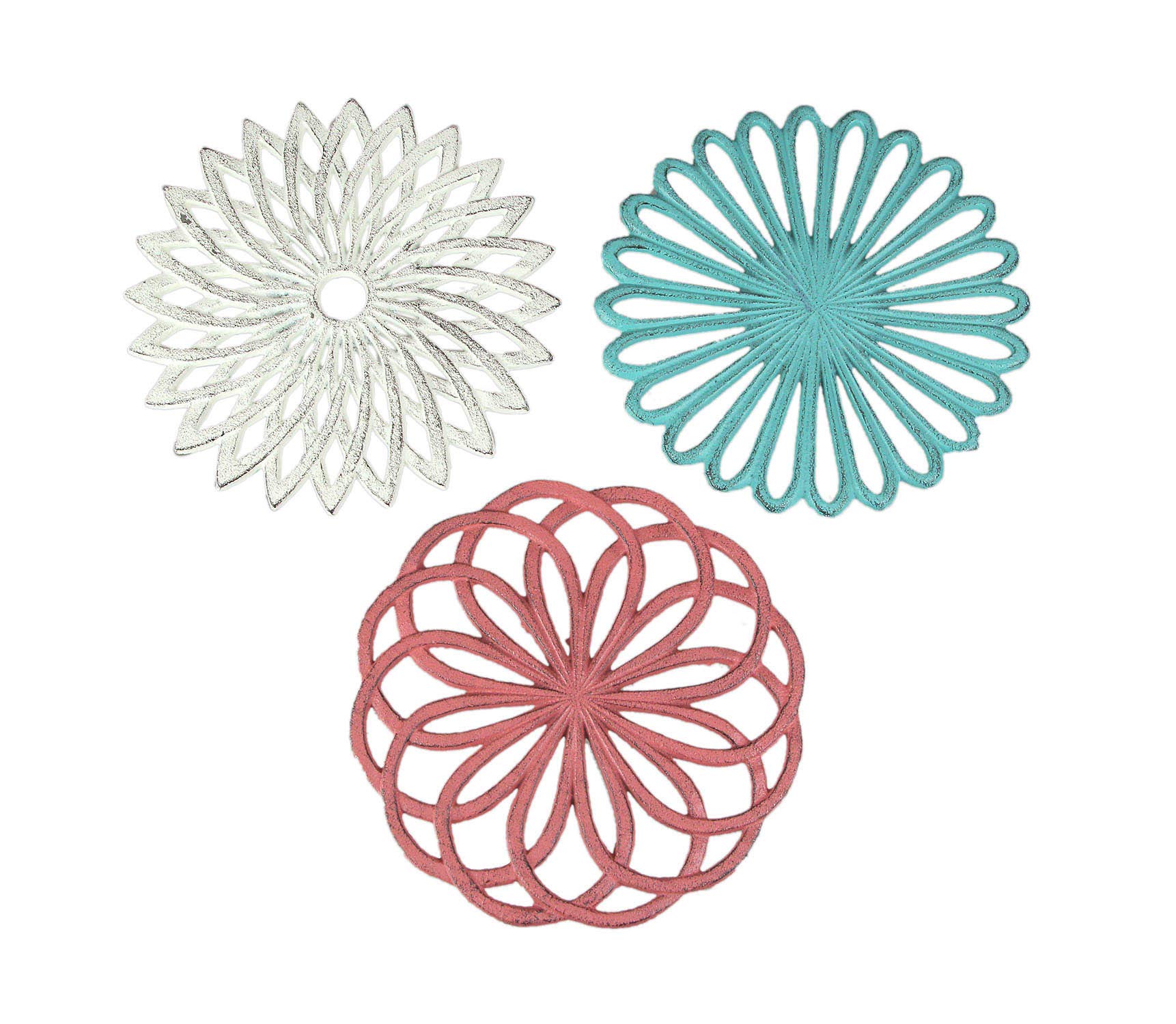 3-Piece Cast Iron Floral Bloom Trivets Set - Rustic Kitchen Decor with Vibrant Colors & Geometric Designs - Heat-Resistant Hot Plate Holders for Dining Table & Countertop Protection - Perfect for Serving Dishes, Pots, and Pans