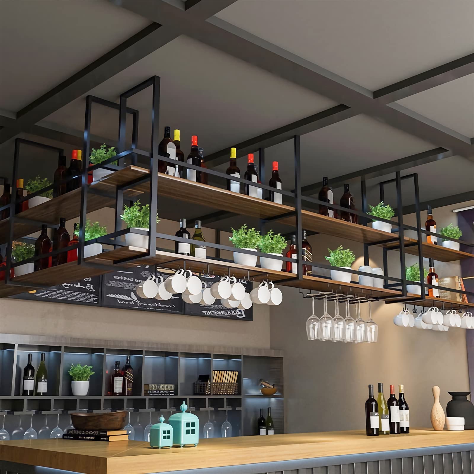 55.1in Gold Metal Ceiling Wine Glass Rack - 2-Tier Industrial Hanging Wine Bottle Holder with Glass Shelf for Bar, Cafe & Kitchen | Perfect for Home Bars, Restaurants & Wine Cellars (55.1×11.8×31.4in)