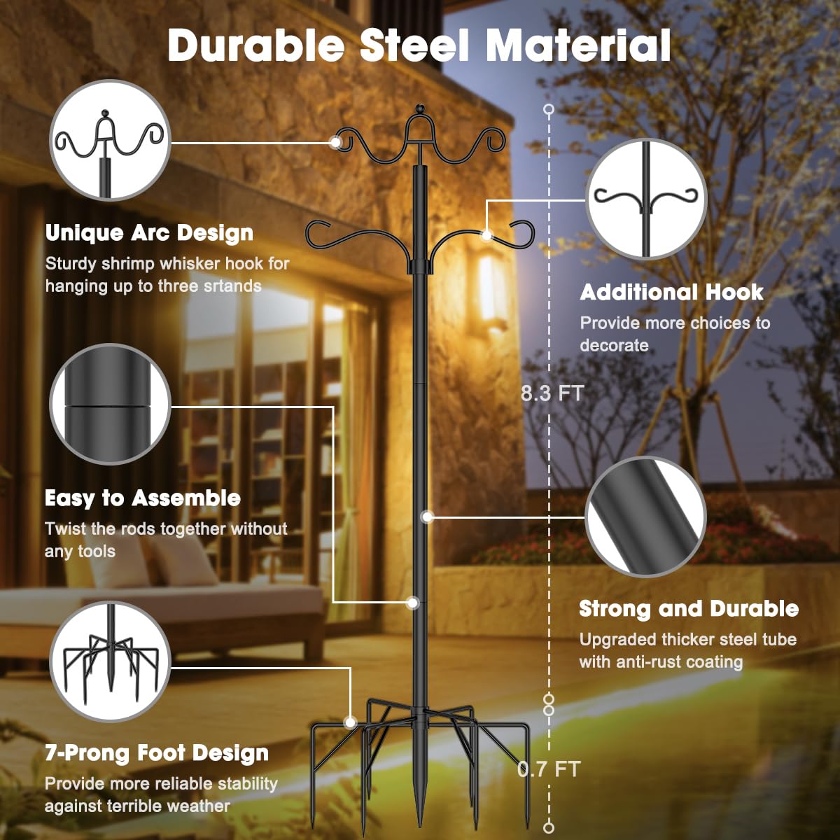 9FT Outdoor String Light Poles with Hooks - Heavy Duty Metal Stand for Patio, Deck, Backyard & Balcony Lighting | Perfect for Hanging String Lights, Lanterns, Bird Feeders & Plant Baskets (4 Pack) - Weather Resistant for Year-Round Use