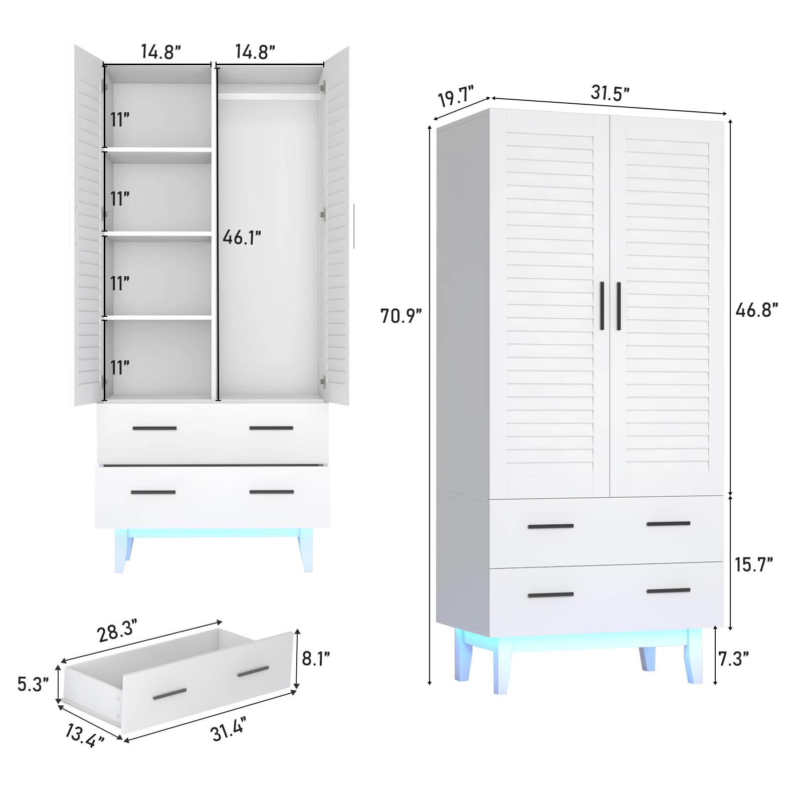 2 Door Armoire Wardrobe Closet Cabinet with Drawers, LED Lights & Hanging Rod - Multi-Tier Shelves, Large Capacity Storage for Bedroom (White) | Perfect for Organizing Clothes, Shoes & Accessories in Master Bedroom, Guest Room or Dormitory