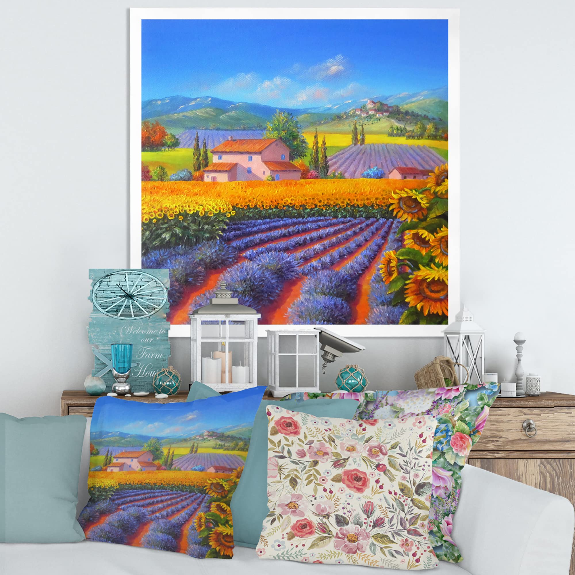DesignQ Lavender and Sunflower Fields Traditional Framed Wall Art - Hand-Painted Canvas Painting for Living Room, Bedroom & Office Decor