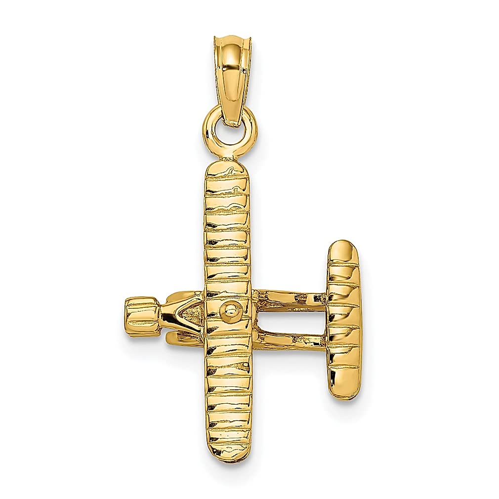 14K Yellow Gold 3D Biplane Charm Necklace with Ribbed Wings - Airplane Pendant for Women - Travel & Transportation Themed Fine Jewelry - Perfect Gift for Her (Ideal for Aviators, Travel Lovers & Anniversary Gifts)