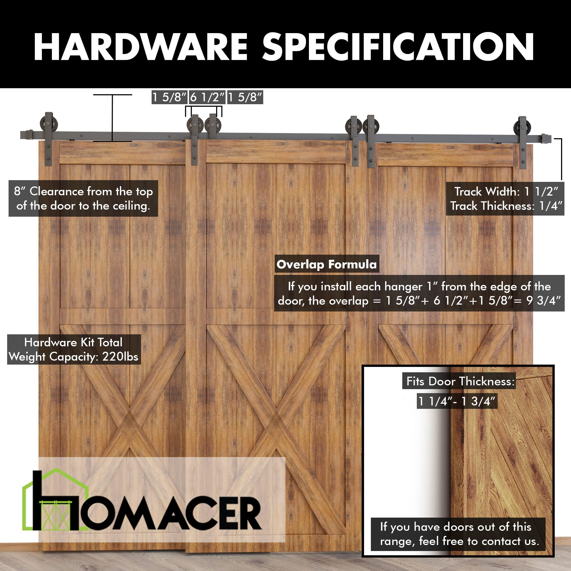 Homacer Black Rustic Single Track Bypass Sliding Barn Door Hardware Kit - 5.5ft Flat Track with Spoke Wheel Rollers (2 Flat + 1 Bent) for 3 Doors - Perfect for Farmhouse, Loft & Industrial Style Homes