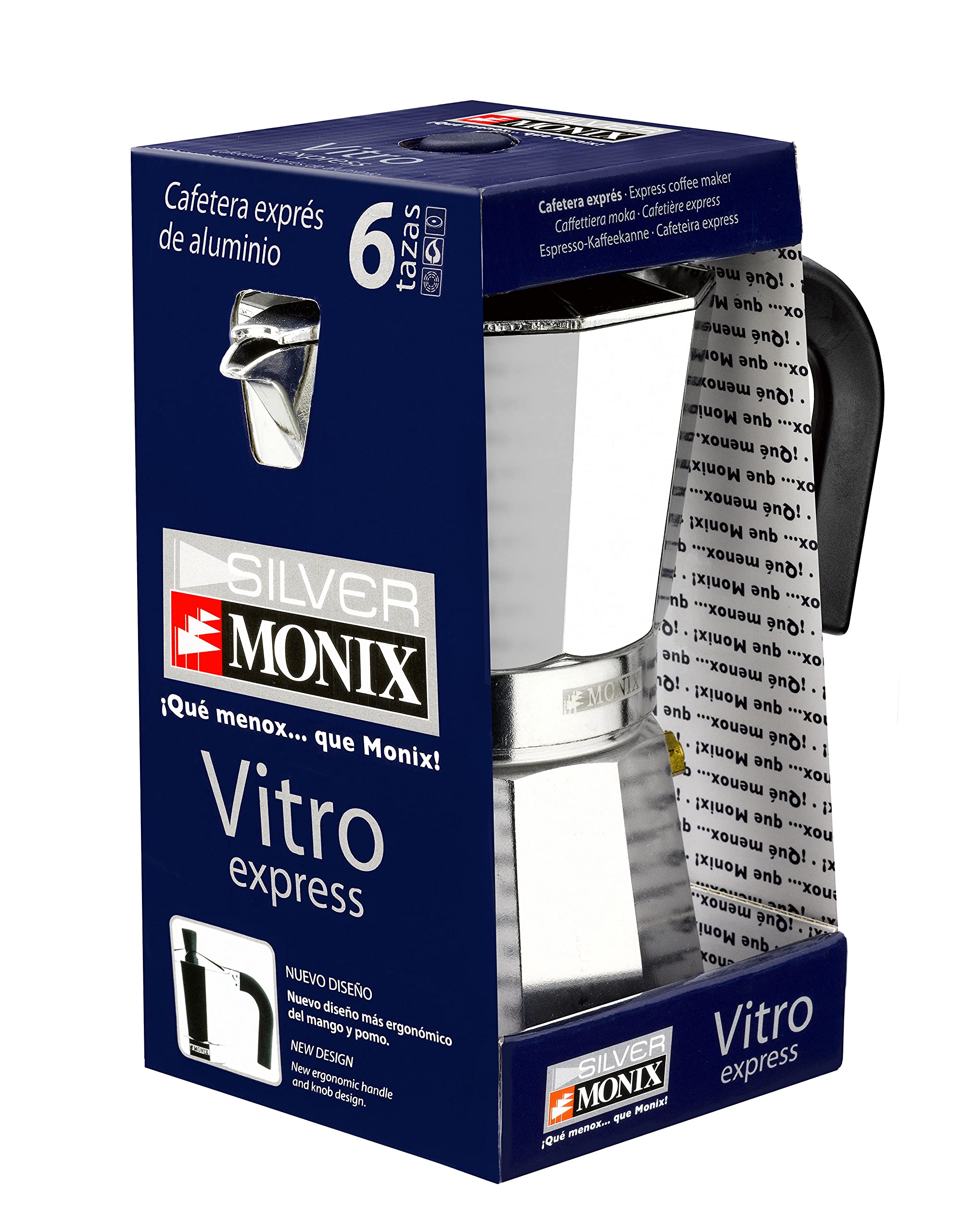 Monix Vitro Express Italian Aluminum Stovetop Espresso Maker - 3 Cup, Silver - Perfect for Home, Office & Camping Coffee Brewing