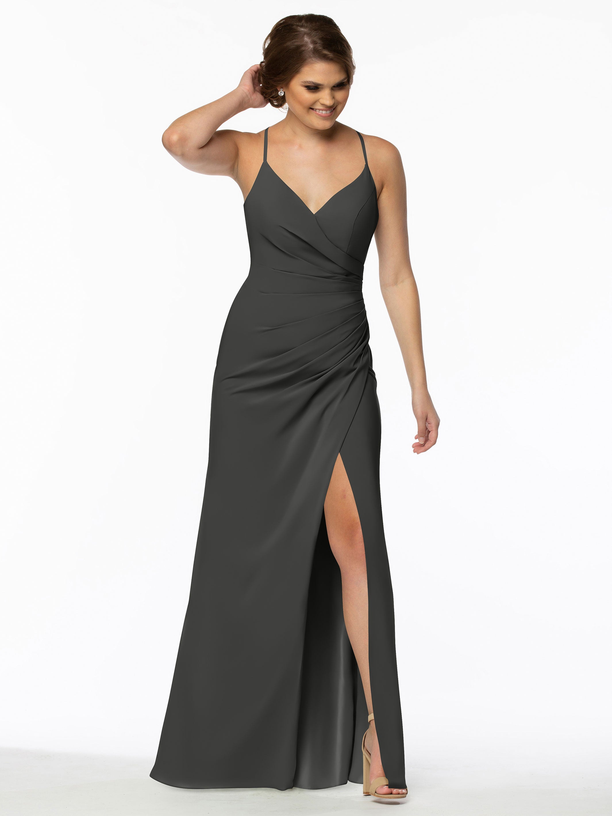 Elegant 80114 Stretch Chiffon Sheath Bridesmaid Dress with Ruching & High Slit - Perfect for Weddings, Formal Events & Evening Parties