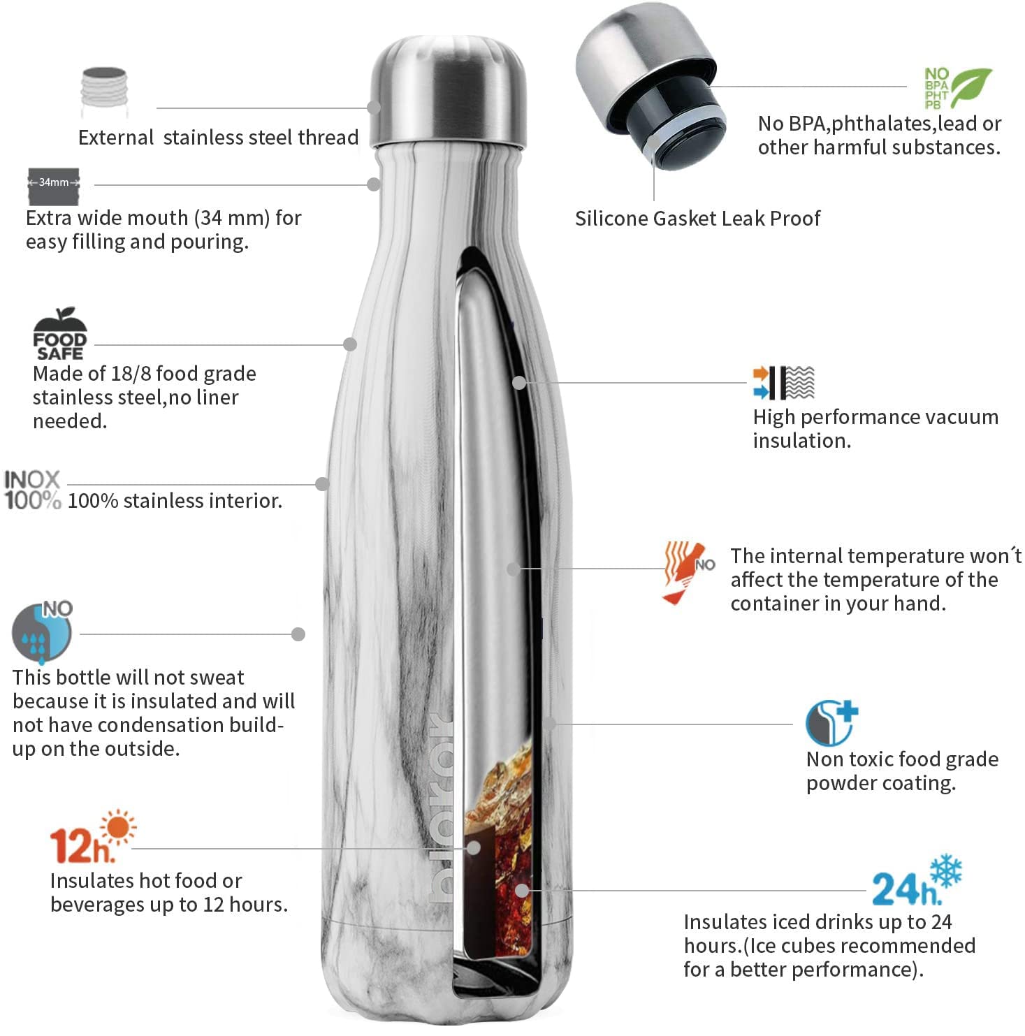 BJPKPK 17oz Stainless Steel Insulated Water Bottle - Keeps Drinks Cold 24H & Hot 12H, BPA Free, White Birch - Perfect for Gym, Hiking, Camping & Outdoor Activities