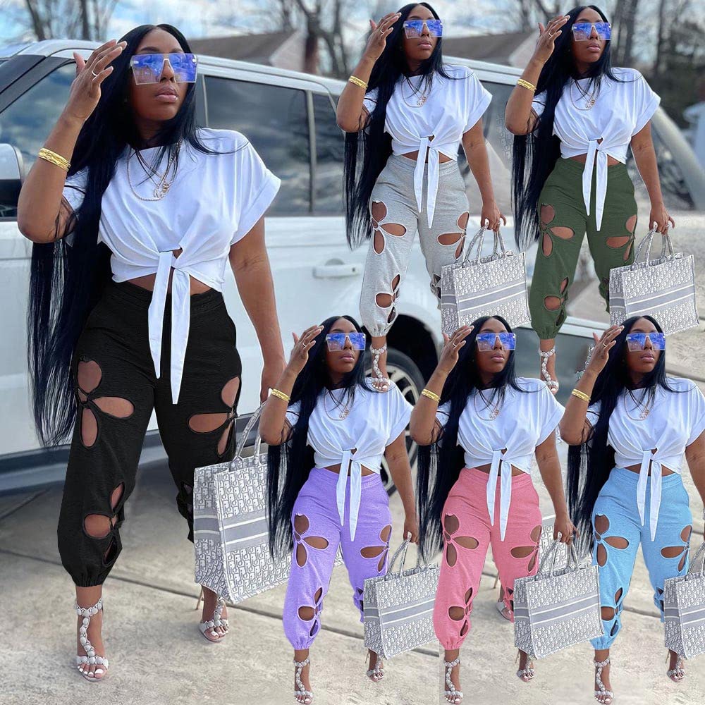 Women's 2-Piece Outfit Set - Casual Crop Top & Hollowed Out Sweatpants | Fashion Tracksuit for Women | Perfect for Gym, Lounge & Streetwear