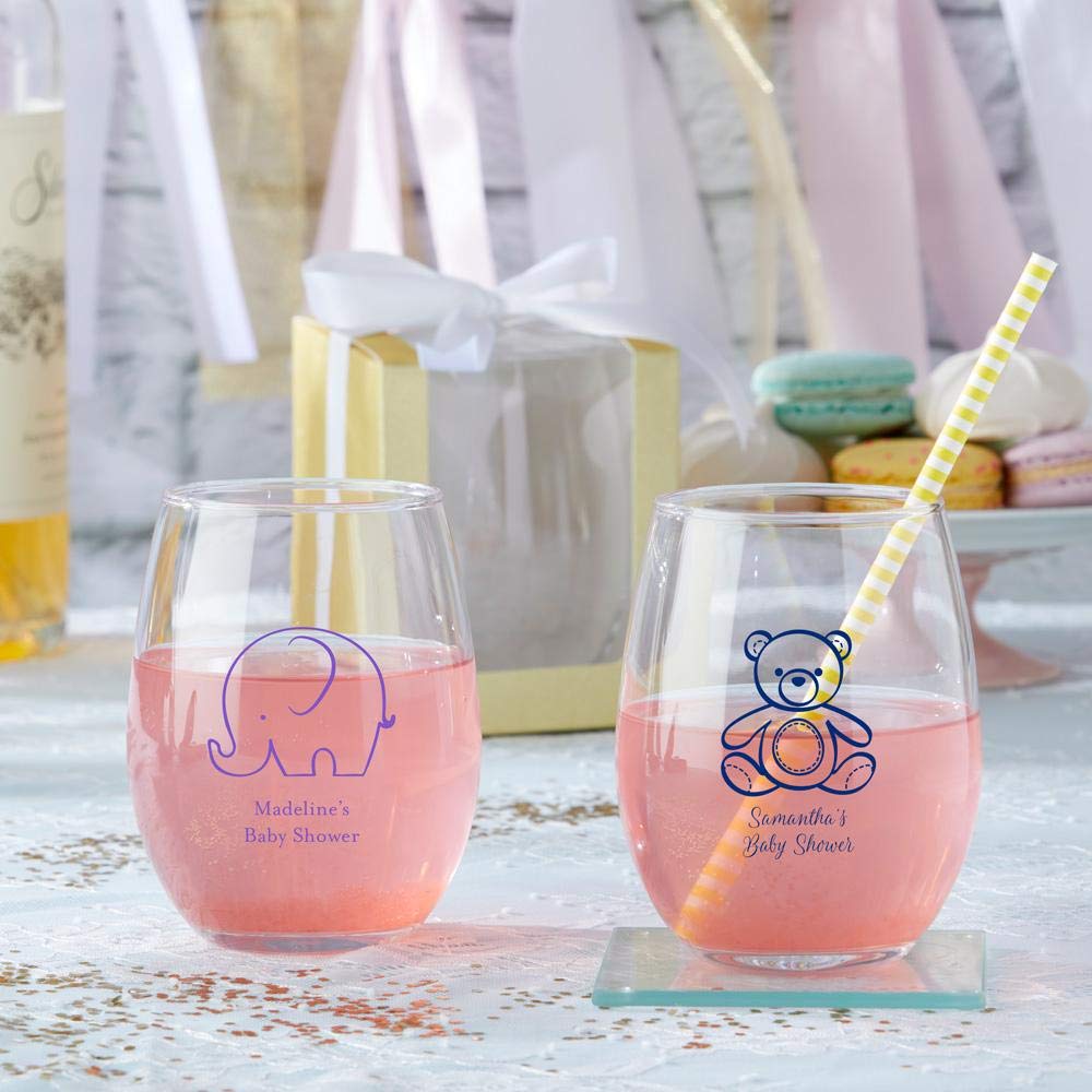 Personalized 15 oz Stemless Wine Glass Set of 204 - Light Blue Custom Drinking Glasses for Baby Shower Party Favors, Wedding Decor & DIY Crafts - Engraved Text Designs for Special Occasions