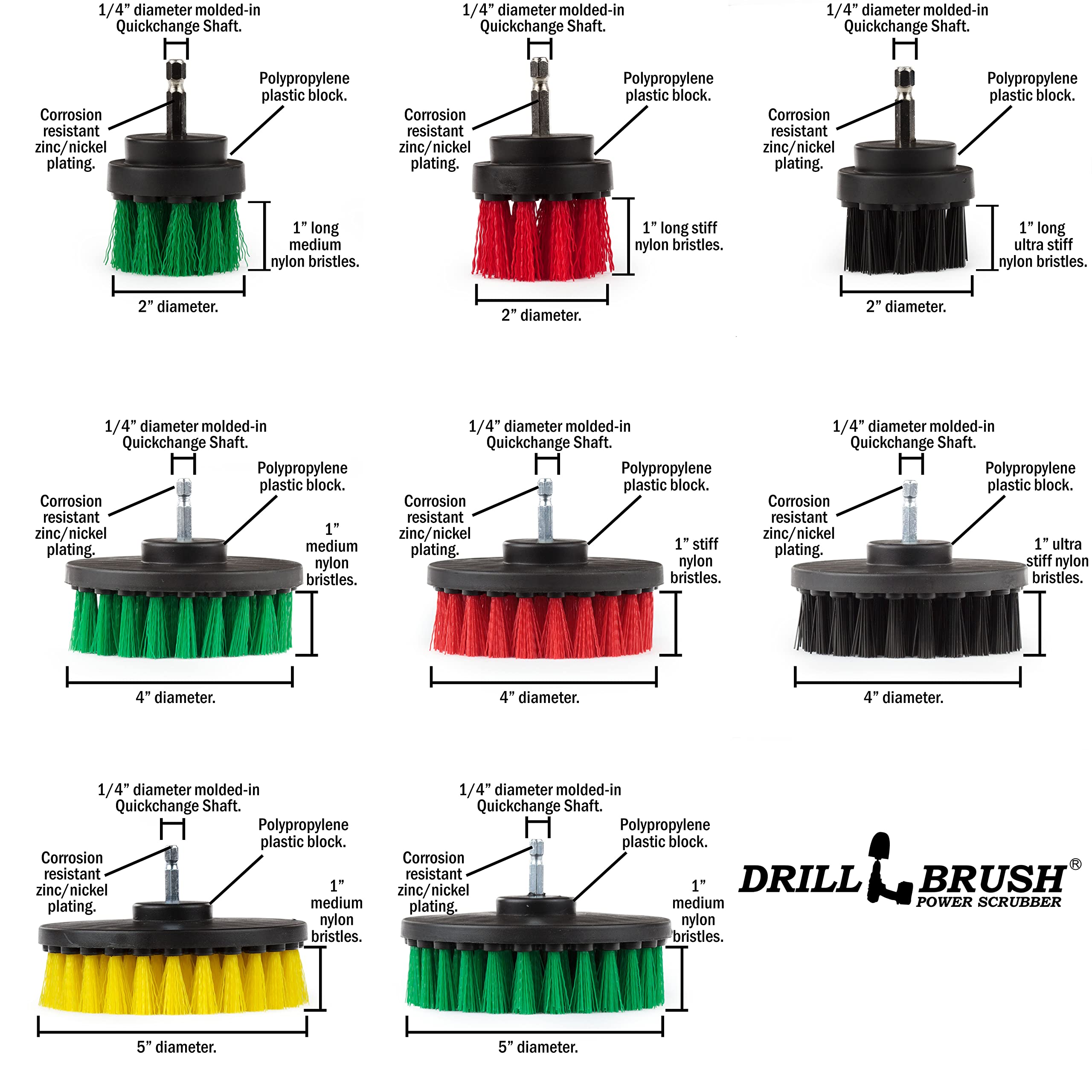 Drillbrush 14-Piece Cleaning Set - Multi-Purpose Scrub Brushes for Kitchen, Bathroom & Outdoor - Stainless Steel Bristles