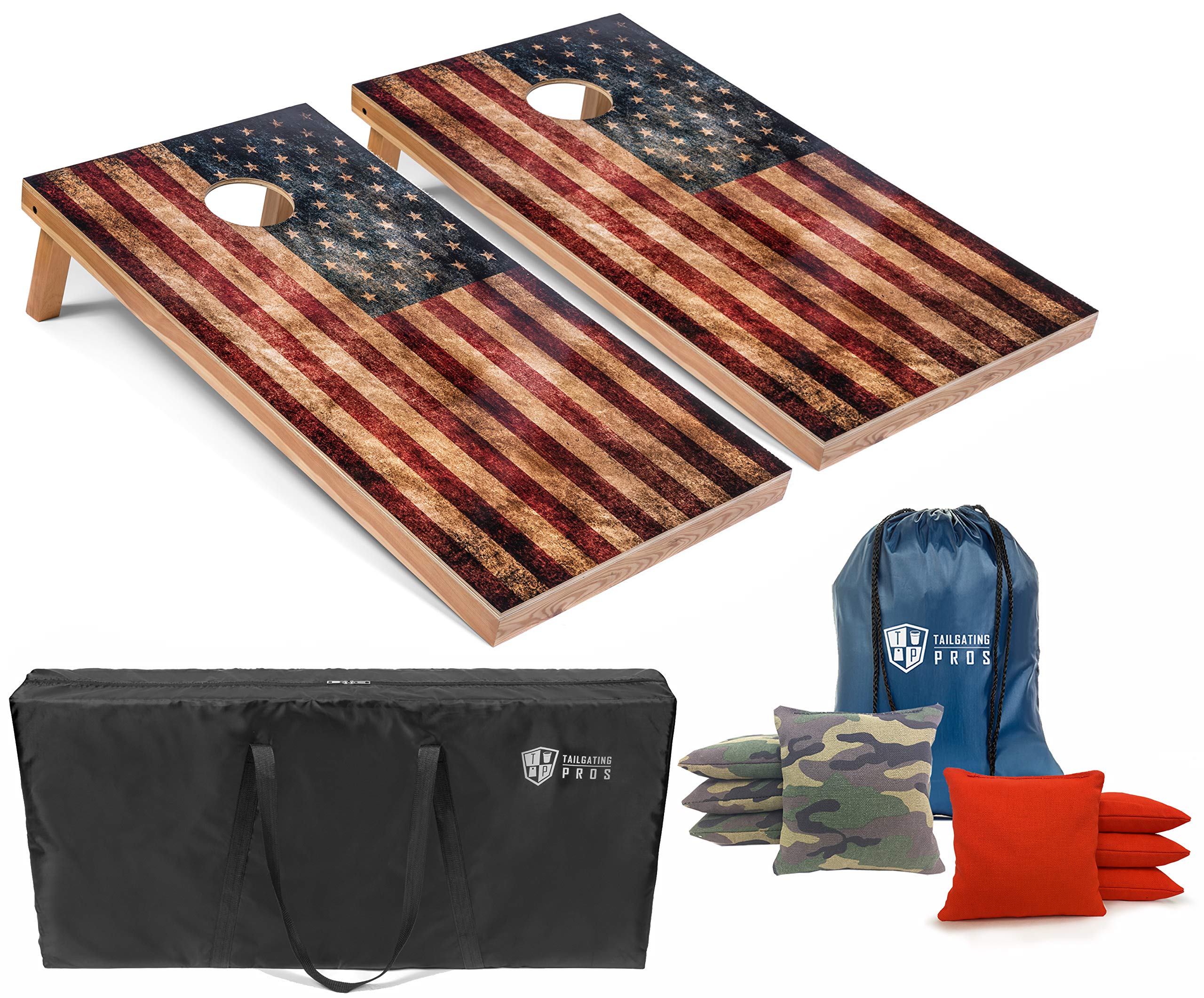 Premium Rustic American Flag Cornhole Boards Set with LED Ring & Carrying Case - 4'x2' Distressed Wooden Cornhole Game with 8 Bean Bags - Perfect for Backyard Parties, Tailgating Events and Outdoor Family Gatherings