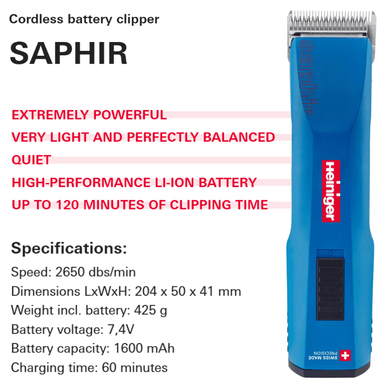 Heiniger Saphir Cordless Clipper with Double Battery (154400) - Professional Pet Grooming Clippers for Dogs, Cats & Livestock - Perfect for Home & Salon Use