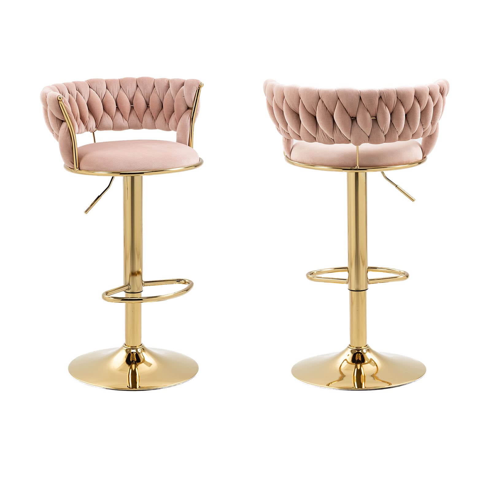 Modern Velvet Swivel Bar Stool Set of 2 - Adjustable Height with Backrest & Gold Footrest for Kitchen Island, Dining Room, Bar Counter - Comfortable Seating for Home, Cafe & Restaurant (Pink)