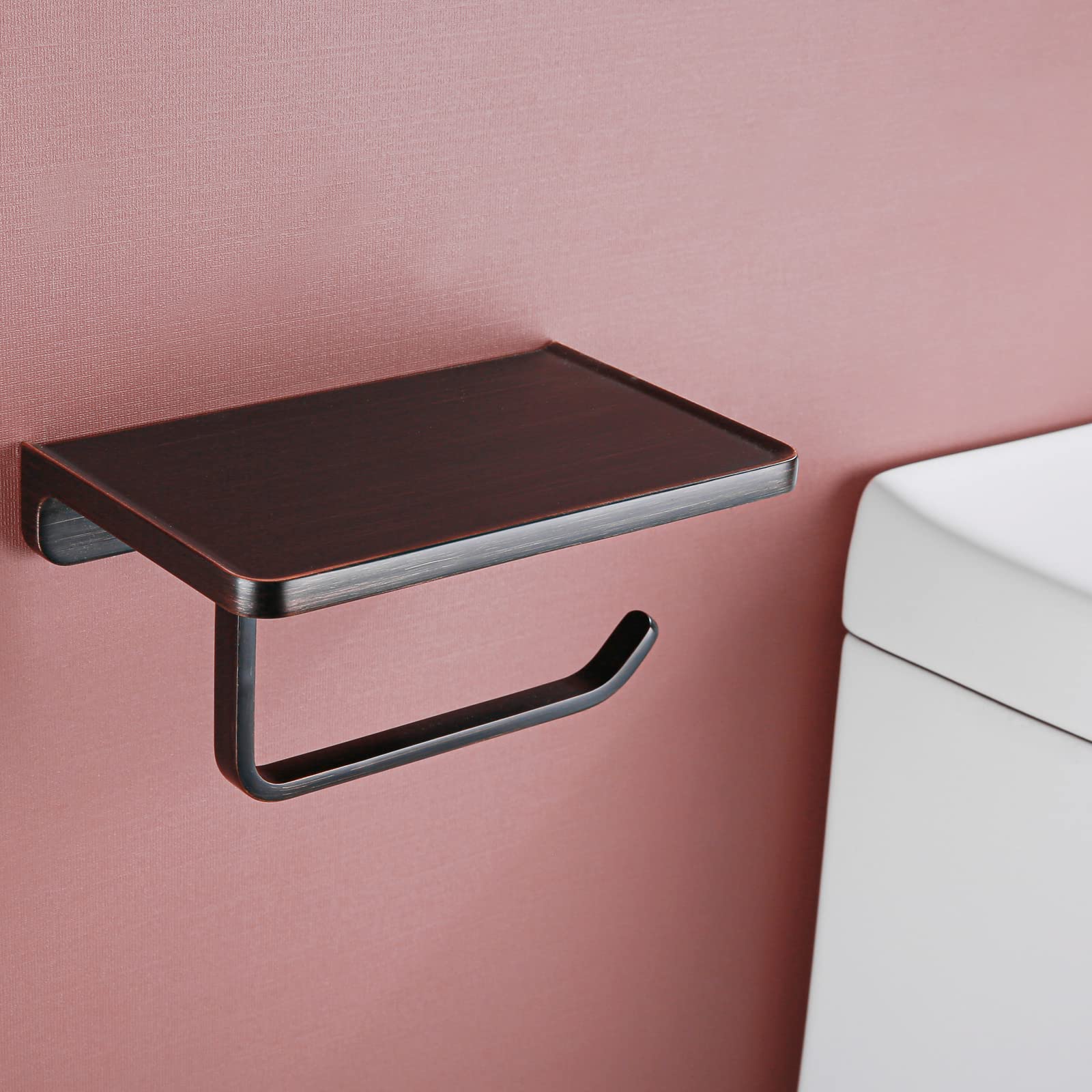 Oil Rubbed Bronze Toilet Paper Holder with Phone Shelf - Wall Mounted Bathroom Tissue Roll Holder - Solid Metal Design for Toilet Paper & Smartphone Storage - Perfect for Small Bathrooms & Powder Rooms - RD93008-ORB