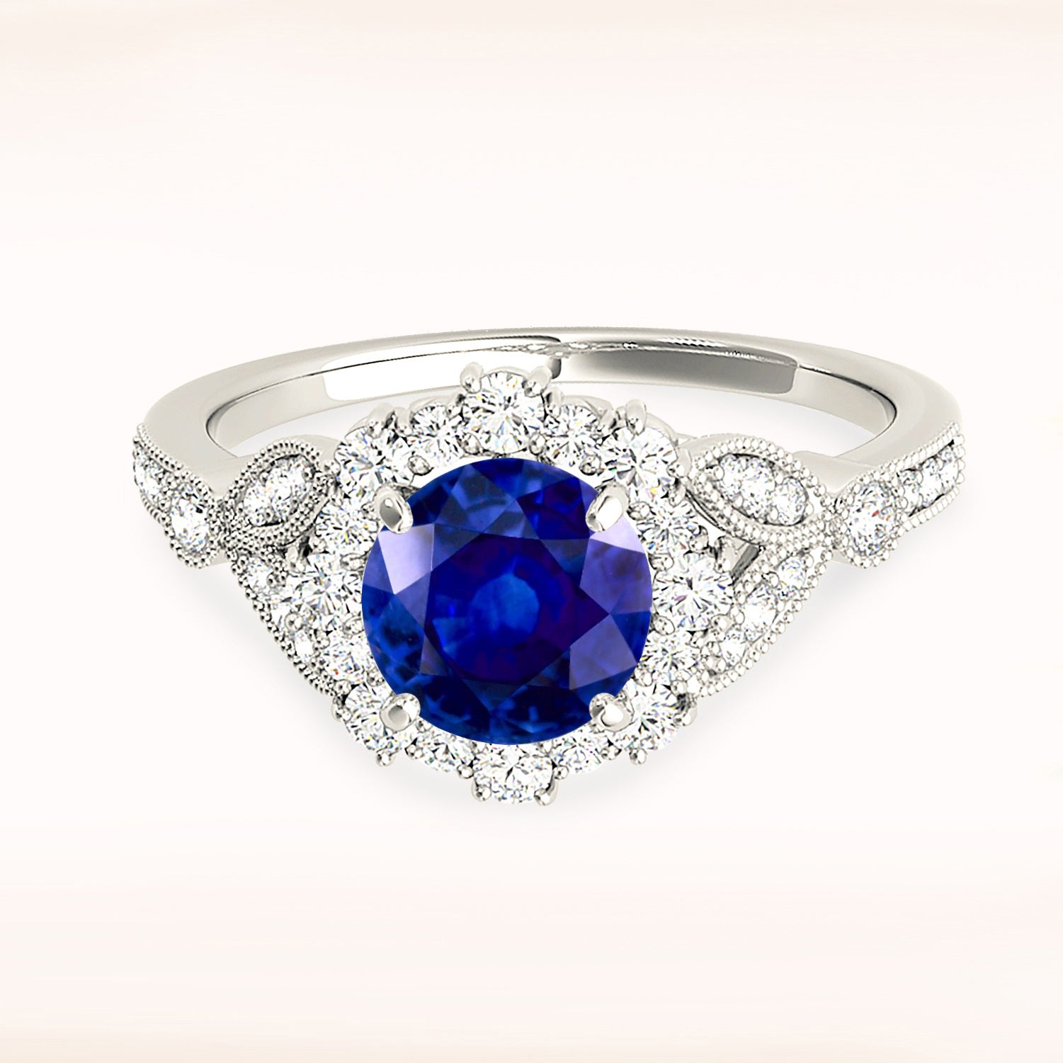1.35 Carat Genuine Blue Sapphire Halo Milgrain Flower Ring - Vintage Inspired Engagement Ring, Wedding Band, Anniversary Gift for Her