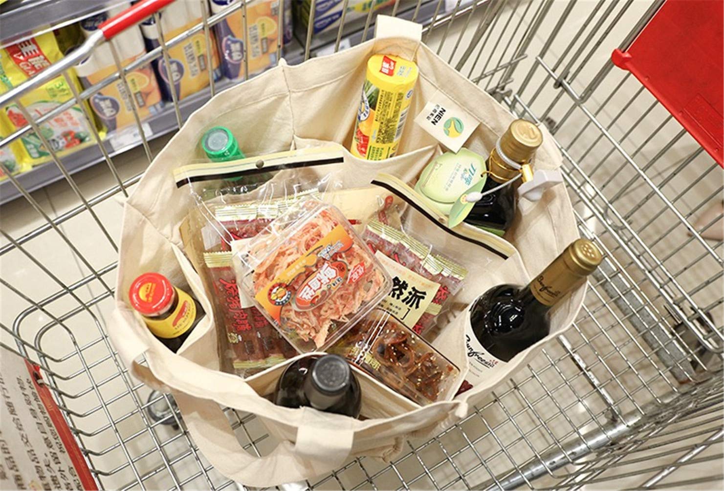 Eco-Friendly Reusable Shopping Bags Set - 4 Pack (1 Cotton Canvas Bag + 3 Mesh Bags) - 100% Organic Cotton, Washable & Durable for Groceries, Beach & Farmers Market