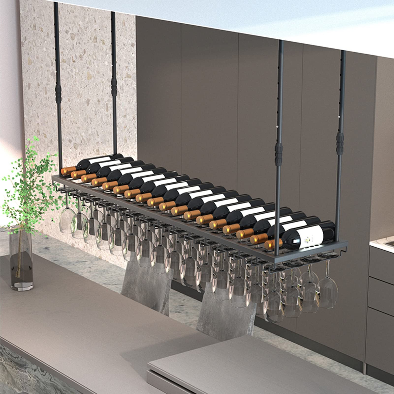 GELISURE Black Ceiling Hanging Wine Rack - 80x30cm Floating Storage Shelf for Wine Bottles & Glass Goblets | Kitchen, Bar, Dining Room Organizer | Decorative Display Stand for Home & Restaurant Use