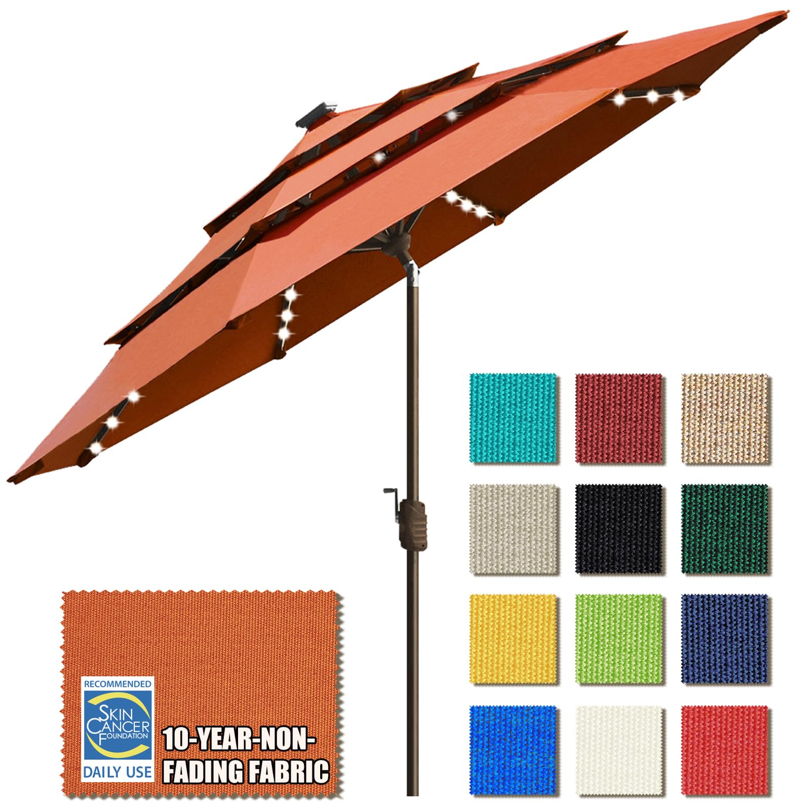 EliteShade USA 10-Year Fade-Resistant 9ft Solar-Powered 3-Tier Patio Umbrella with 80 LED Lights - Outdoor Market Umbrella with Ventilation & Rust-Proof Design for Backyard, Poolside & Restaurant Dining