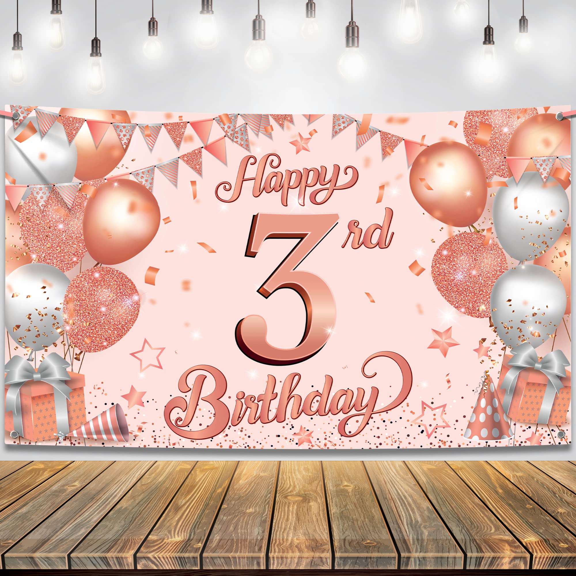 KatchOn Rose Gold Happy 3rd Birthday Banner - Extra Large 72x44 Inch | Elegant Rose Gold Birthday Party Decorations for Girls | Premium 3 Year Old Birthday Backdrop | Perfect for Birthday Photoshoots, Party Decor & Milestone Celebrations