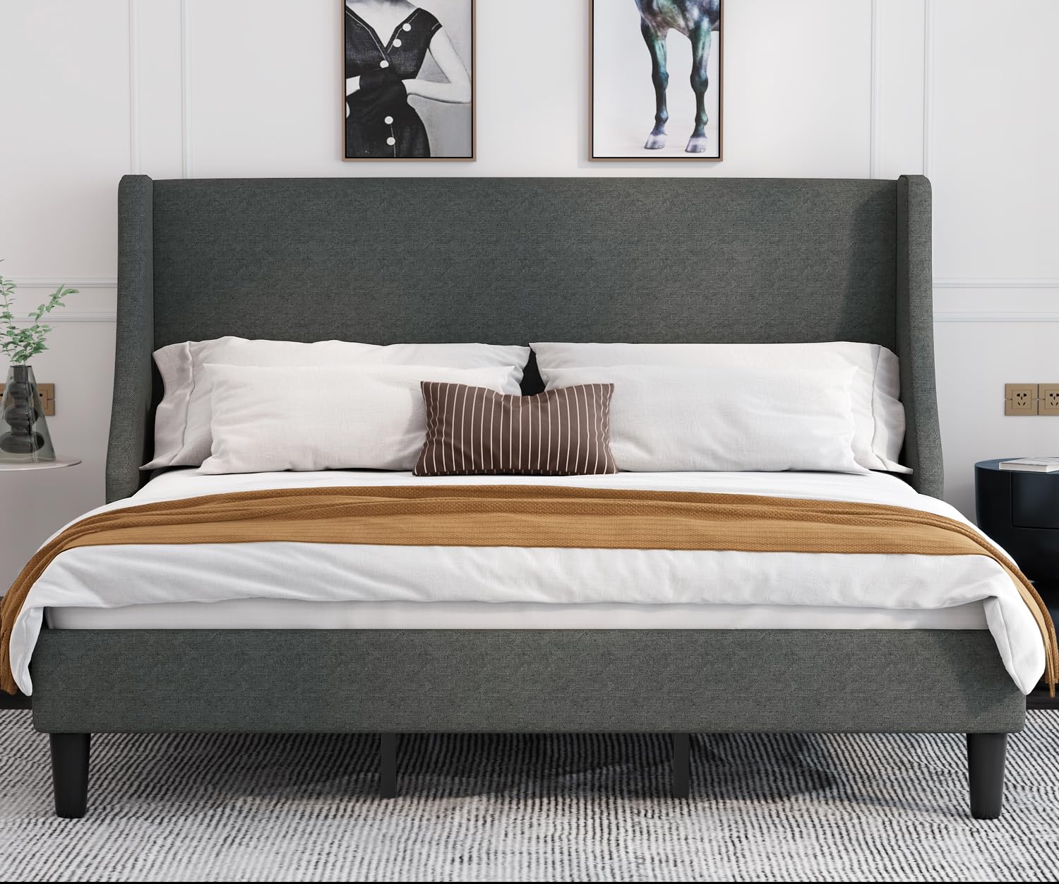 Allewie King Size Platform Bed Frame with Upholstered Headboard - Modern Wingback Design, Wood Slat Support, Dark Grey - Perfect for Master Bedroom & Guest Room Decor