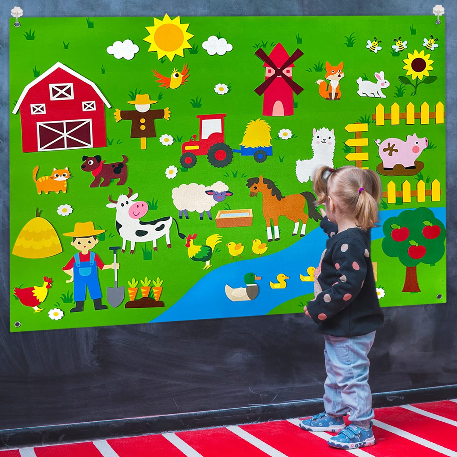 Farm Animals Felt Board Play Set - 61 Pcs Farmhouse Themed Wall Hanging Kit for Kids | Toddler Birthday Gift & Storytelling Activity