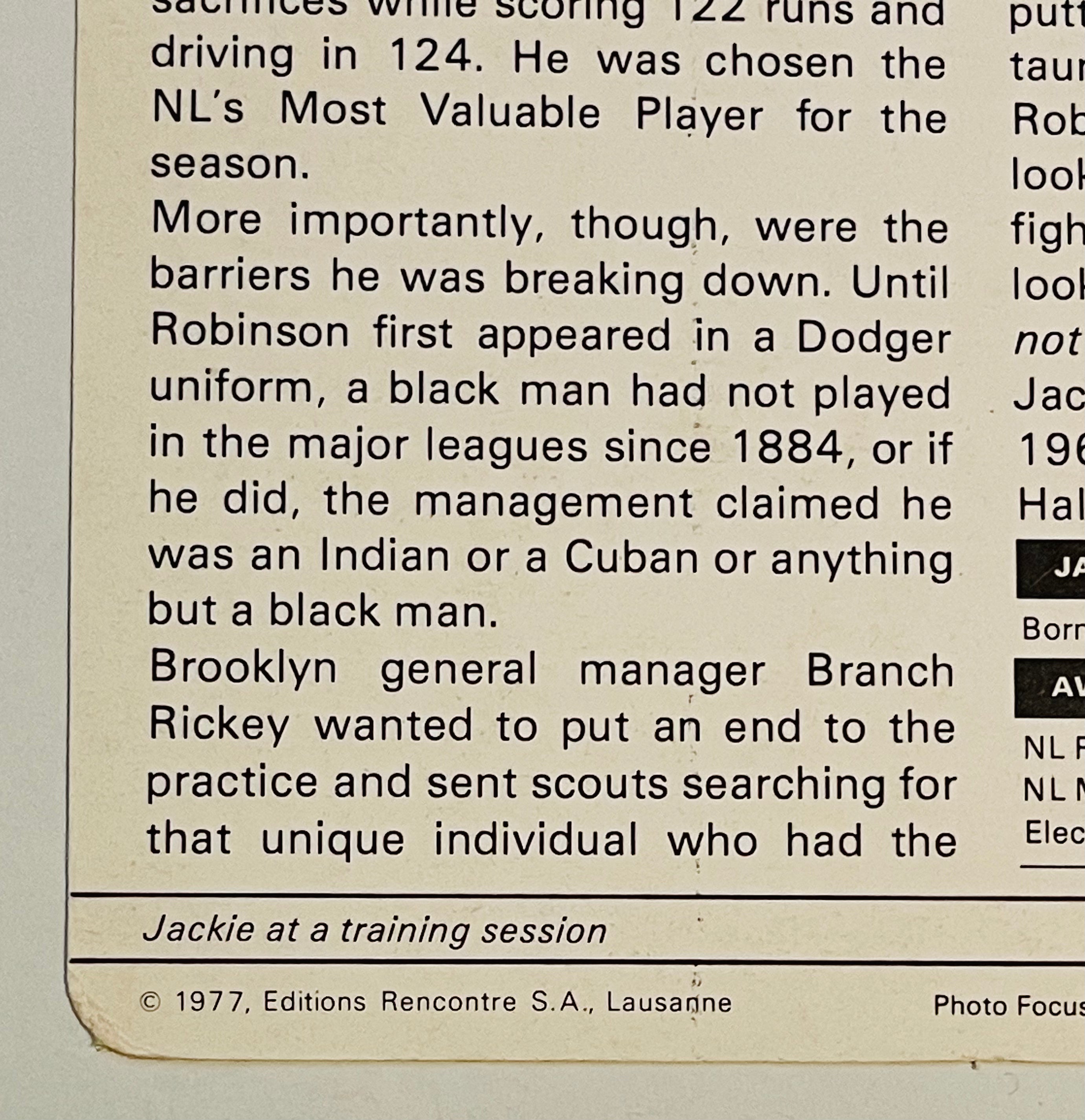 Vintage 1977 Jackie Robinson 5x7 Baseball Card - Rare Collectible Printed in Italy | Perfect for Sports Memorabilia Fans & Baseball Card Collectors
