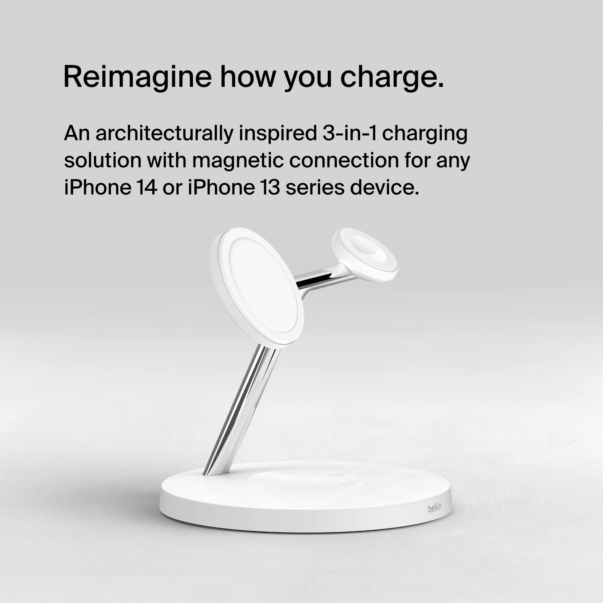 Belkin MagSafe 3-in-1 Wireless Charging Stand (2nd Gen) - 33% Faster Charging for iPhone 16/15/14 Series, Apple Watch & AirPods - Multi-Device MagSafe Charging Station (White) - Perfect for Bedside, Office Desk & Travel Accessories