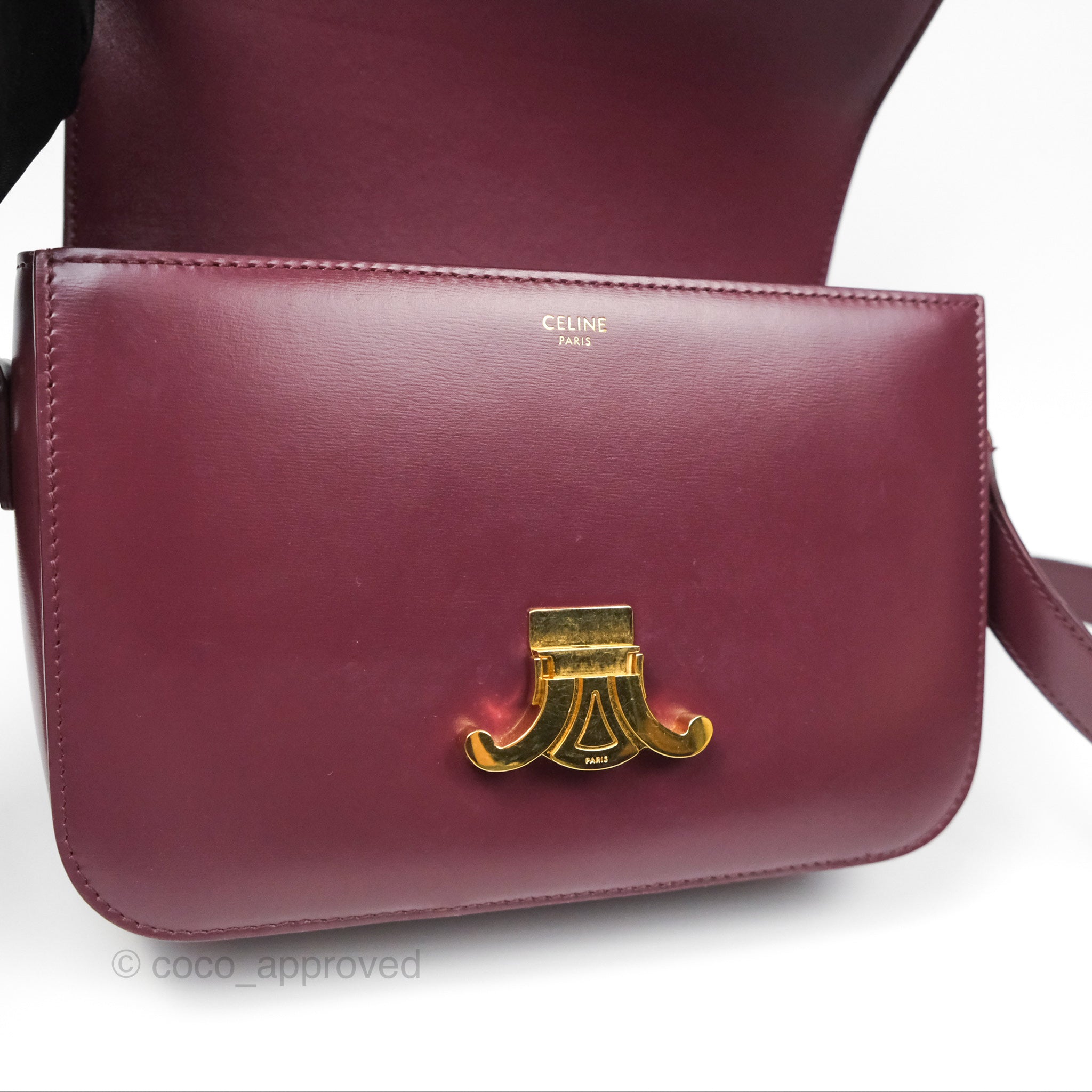 Celine Medium Triomphe Bag in Acai Burgundy Shiny Calfskin Leather - Luxury Crossbody Purse for Women, Perfect for Work, Travel & Evening Events
