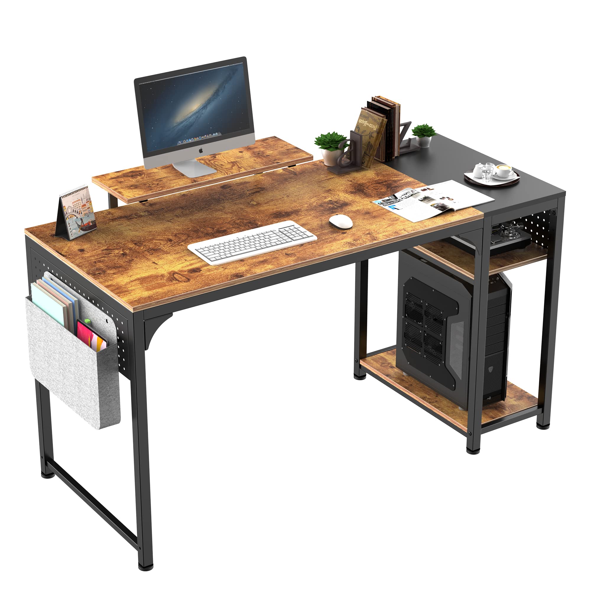 55 Inch Home Office Computer Desk with Monitor Stand & Storage Shelves - Rustic Brown/Black - Study, Writing, Gaming & Workstation Desk with 2 Hooks & Storage Bag - Easy Assembly - Perfect for Small Spaces, Dorm Rooms & Home Offices