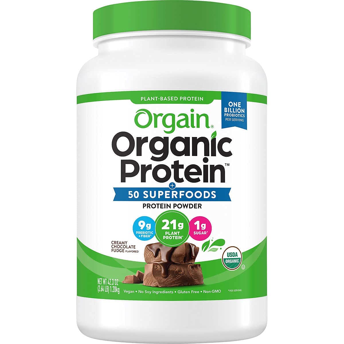 Orgian Organic Plant-Based Protein Powder with Superfoods - Creamy Chocolate Fudge Flavor, 2.64 lb (40 Servings) - Vegan Meal Replacement for Smoothies, Baking & Post-Workout Recovery