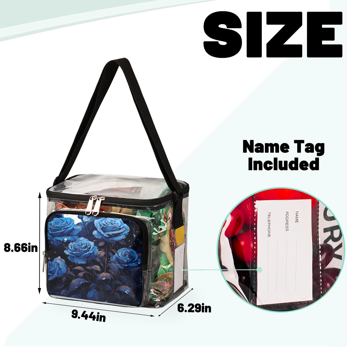 GzLeyigou Blue Enchantress Clear Tote Bag with Handles - Transparent Crossbody Shoulder Bag for Women, Rose Pattern Lunch Bag | Perfect for Outdoor Travel, Picnic, Concerts, Sports Events & Stadium Approved | Fashionable & Functional Clear Purse for Shopping, Beach & Theme Parks