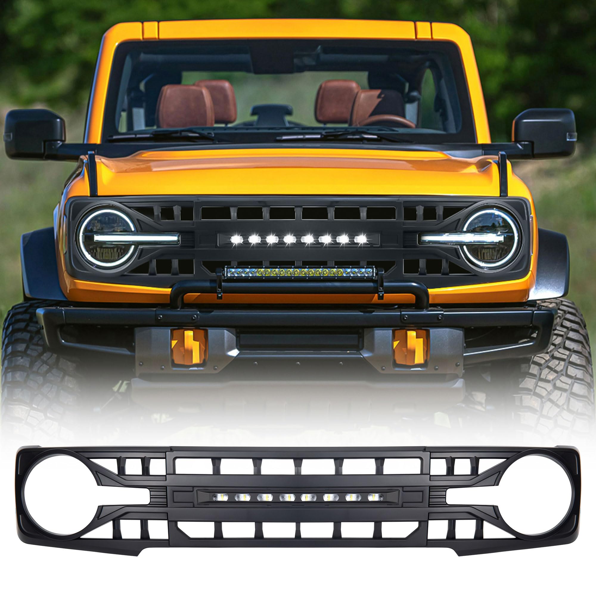 2021-2023 Ford Bronco Front Armor Grille Replacement | Matte Black Off-Road Bumper Grill with LED Light Mounts | Perfect for Off-Roading, Overlanding & Truck Customization