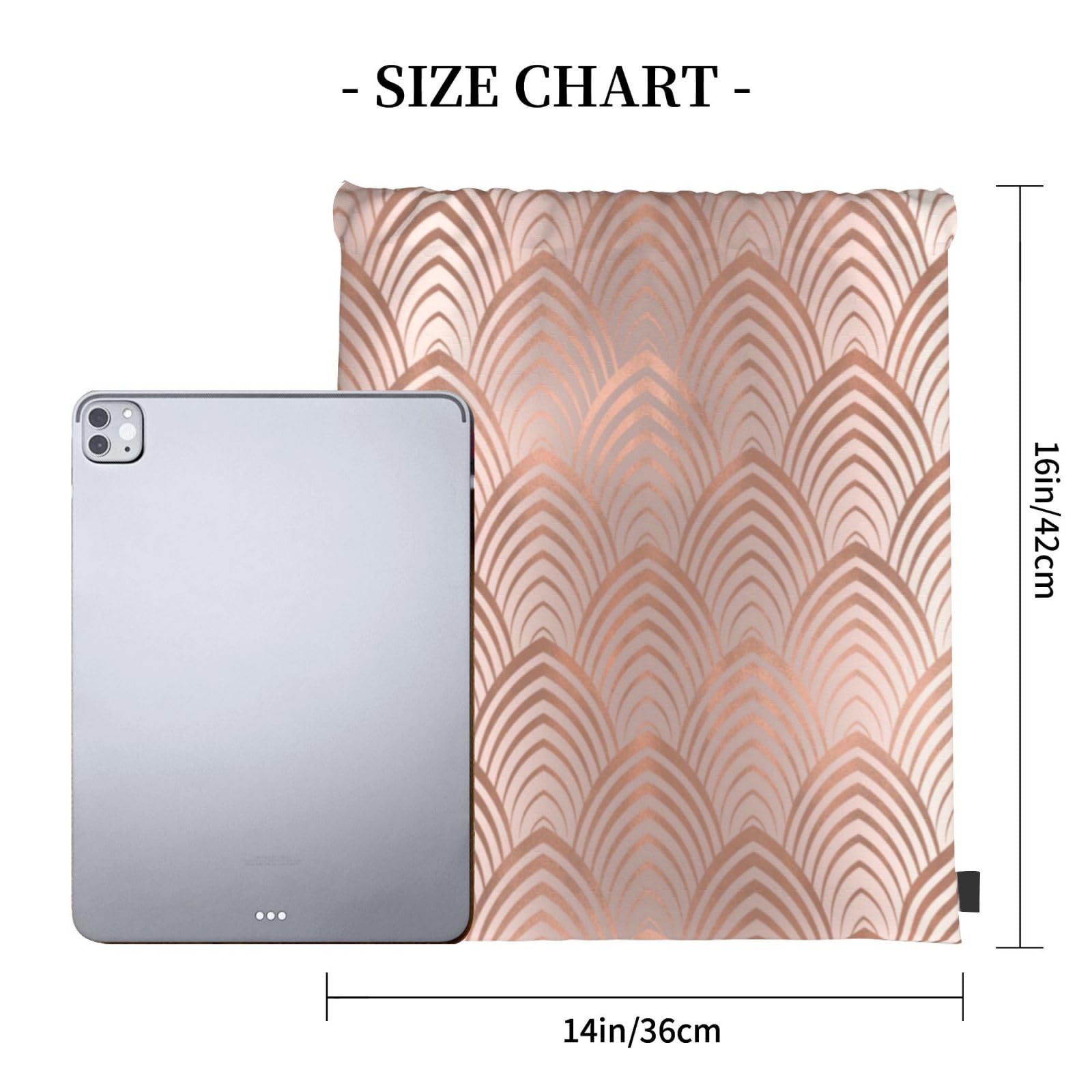 Wykjtwo Art Deco Backpack - Unisex Rope Drawstring Sport Bag in Rose, Copper & Gray with Shell Scale Design | Perfect for Gym, Travel & Casual Outings